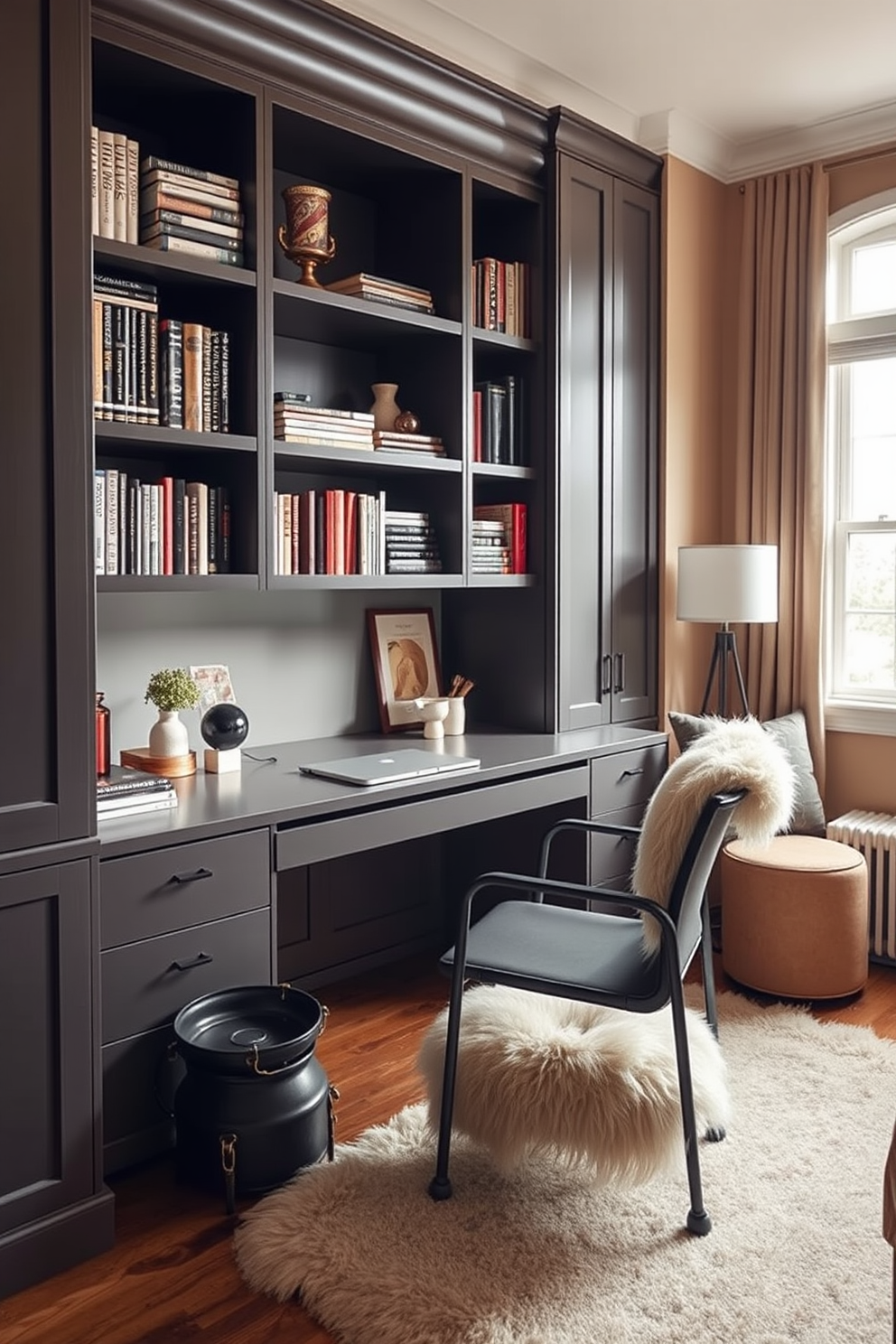 A cozy spare bedroom that doubles as a home office. The room features a sleek fold-out desk with a comfortable chair, and a bed with built-in storage underneath. The color palette includes soft grays and warm whites to create a calming atmosphere. A wall-mounted shelving unit holds books and decorative items, maximizing vertical space.