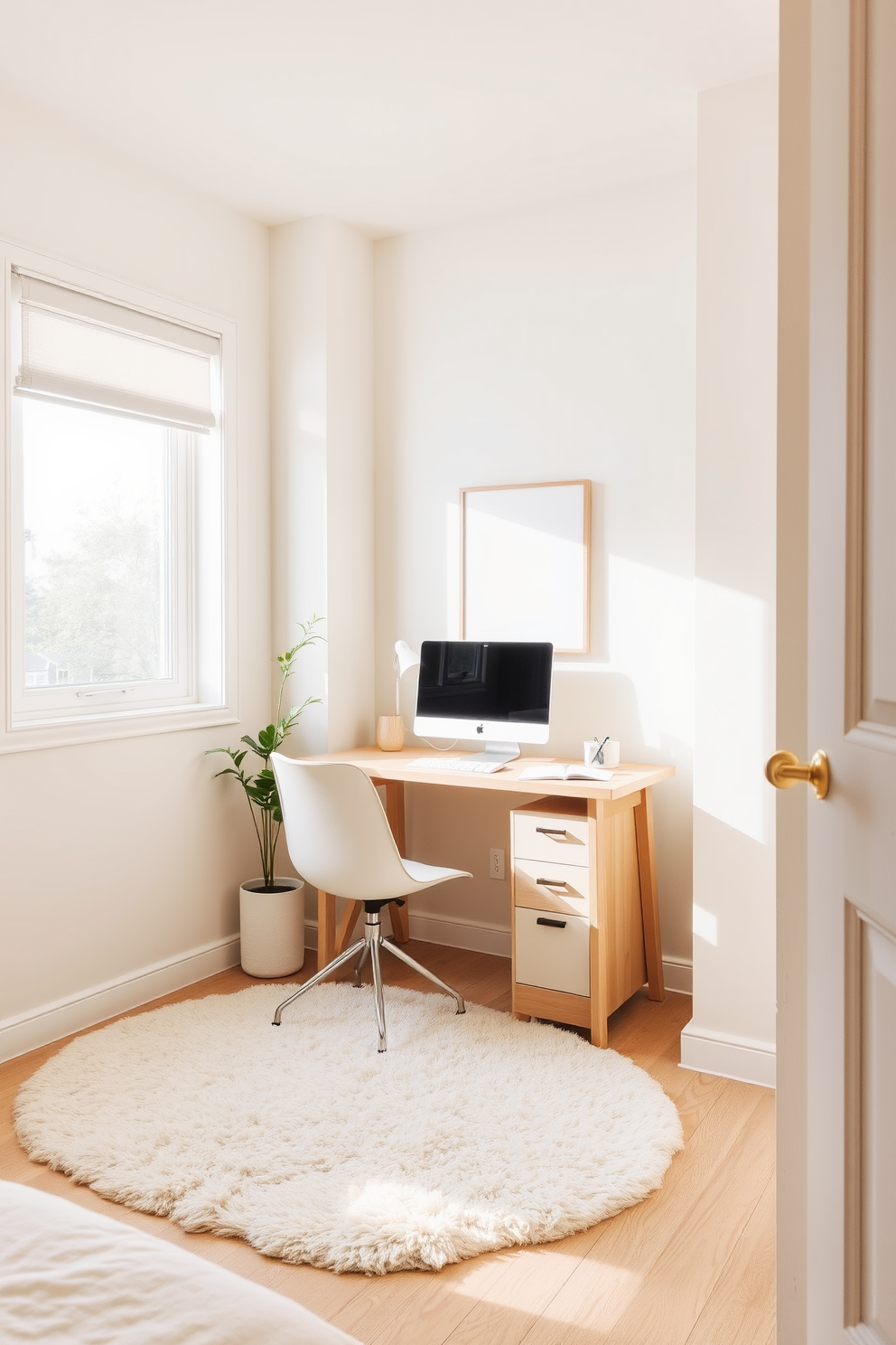 A serene spare bedroom office design featuring a neutral color palette that promotes a calm atmosphere. The walls are painted in soft beige, complemented by a plush cream area rug and light wood furniture. A sleek desk is positioned against a window, allowing natural light to illuminate the space. Minimalist decor, including a potted plant and simple wall art, enhances the tranquil environment while maintaining functionality.