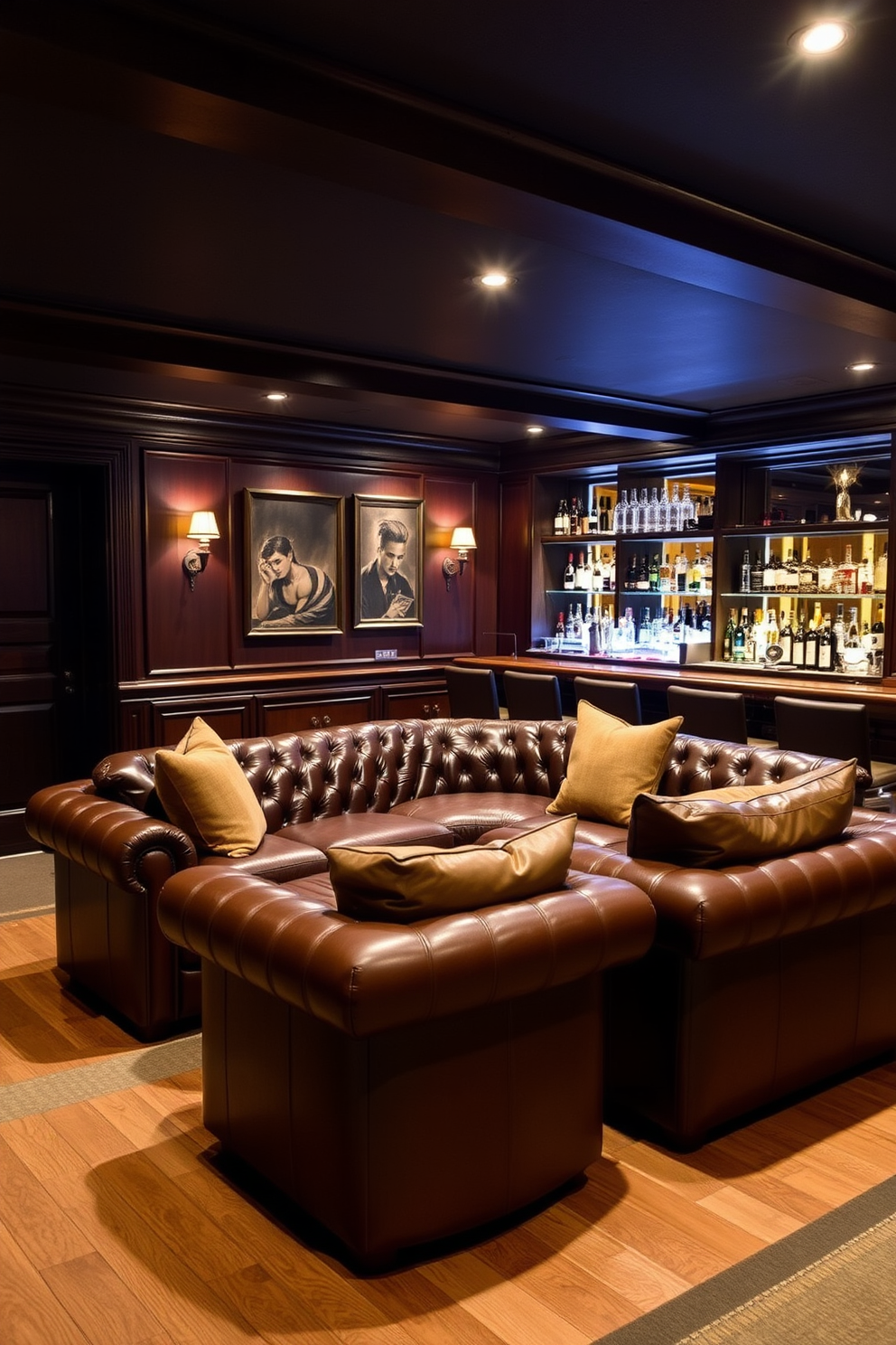 A hidden bookcase entrance leads into a cozy speakeasy basement. The walls are adorned with vintage wallpaper and dimly lit sconces, creating an intimate atmosphere. Inside, plush velvet seating surrounds a polished wooden bar. Antique decor pieces and a classic jukebox add to the nostalgic charm of the space.