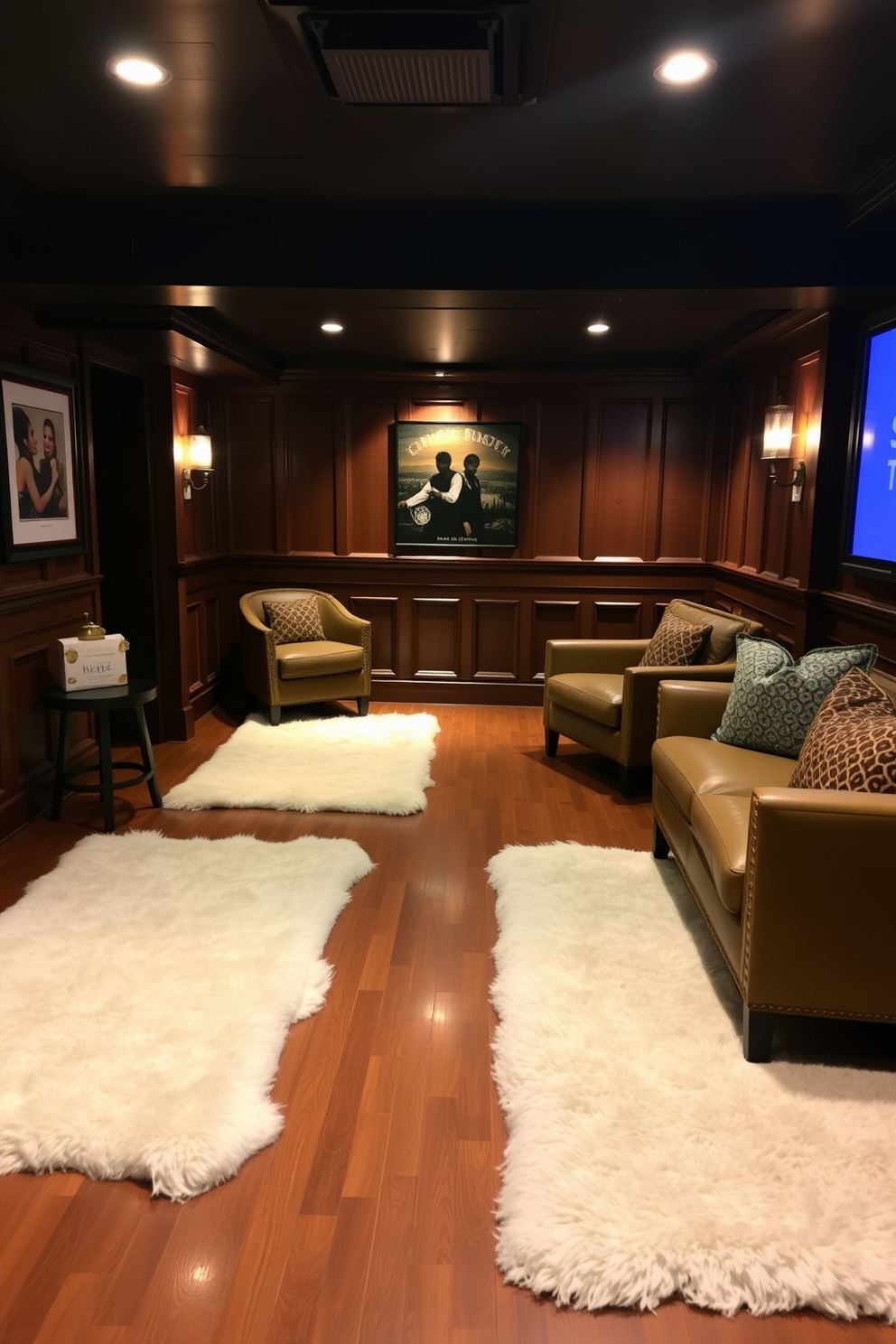 A cozy speakeasy basement featuring plush soft area rugs that add warmth and texture to the space. The walls are adorned with rich wood paneling, and low ambient lighting creates an inviting atmosphere for relaxation and entertainment.