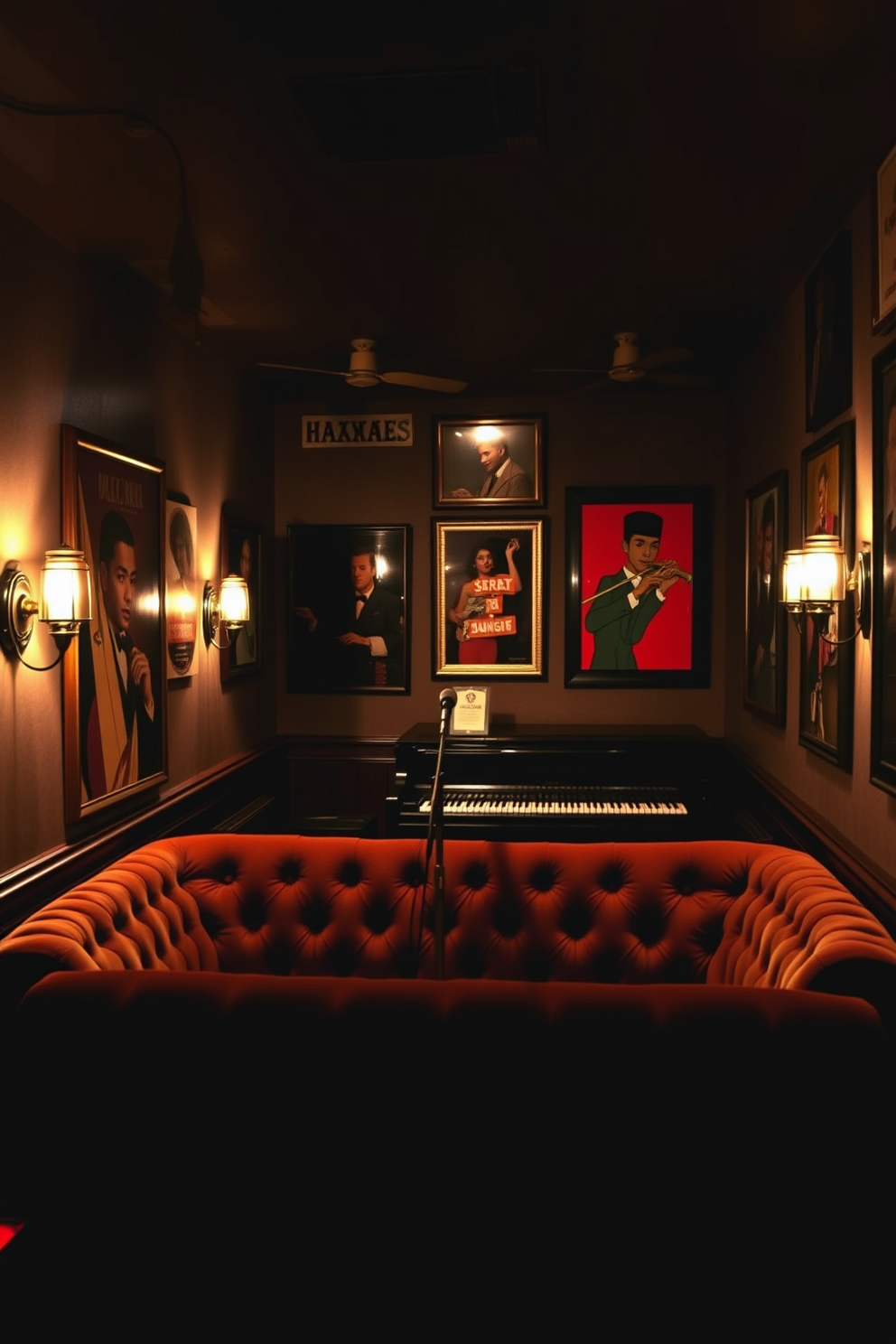 A cozy speakeasy basement setting filled with nostalgia. The walls are adorned with vintage jazz-themed wall art, featuring iconic musicians and vibrant colors that evoke a sense of the roaring twenties. Soft lighting from antique sconces casts a warm glow across the room. A plush velvet sofa faces a small stage area, complete with a microphone stand and a grand piano, inviting intimate performances and gatherings.