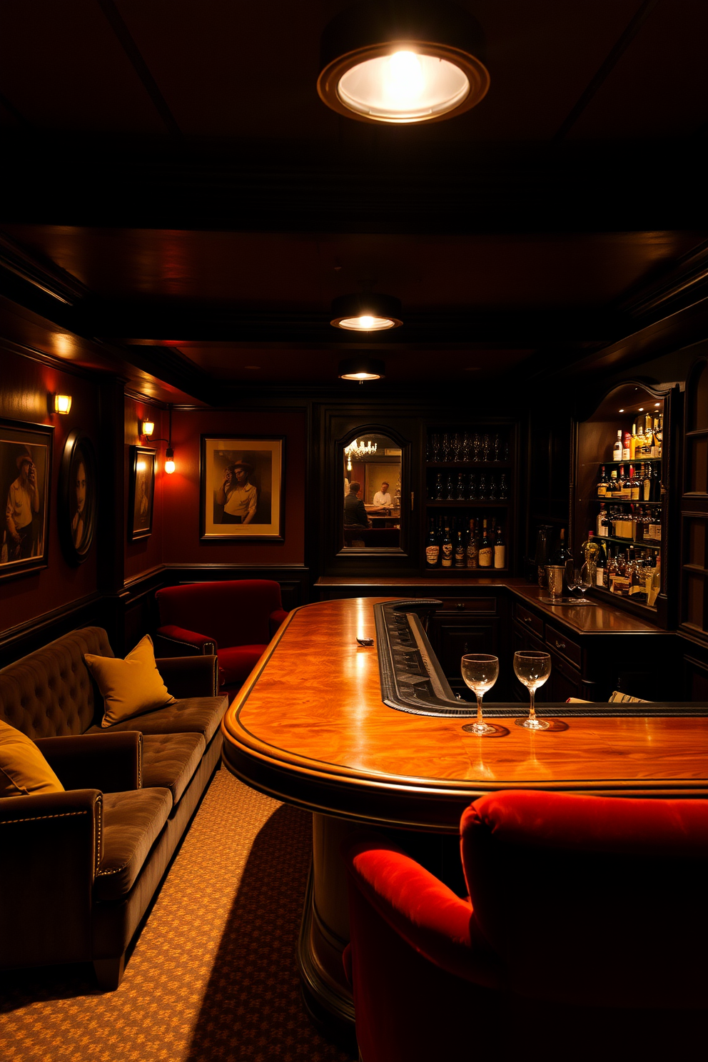 A cozy speakeasy basement with warm mood lighting that can be adjusted with dimmers. The space features plush velvet seating arranged around a vintage wooden bar, complete with an array of glassware and a selection of fine spirits.