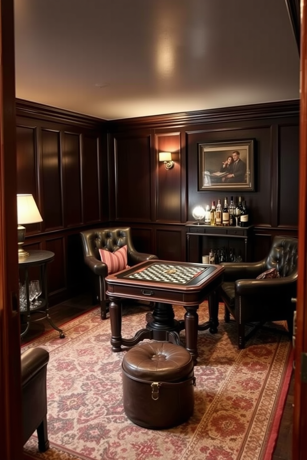 A vintage game table is set in a cozy corner of a speakeasy basement, surrounded by plush leather chairs that invite relaxation and conversation. The walls are adorned with dark wood paneling, and soft, ambient lighting creates an intimate atmosphere perfect for entertaining guests. A classic bar cart stands nearby, stocked with an array of spirits and vintage glassware, enhancing the nostalgic feel of the space. Rich, deep colors dominate the decor, with a patterned rug underfoot that adds warmth and character to the basement retreat.