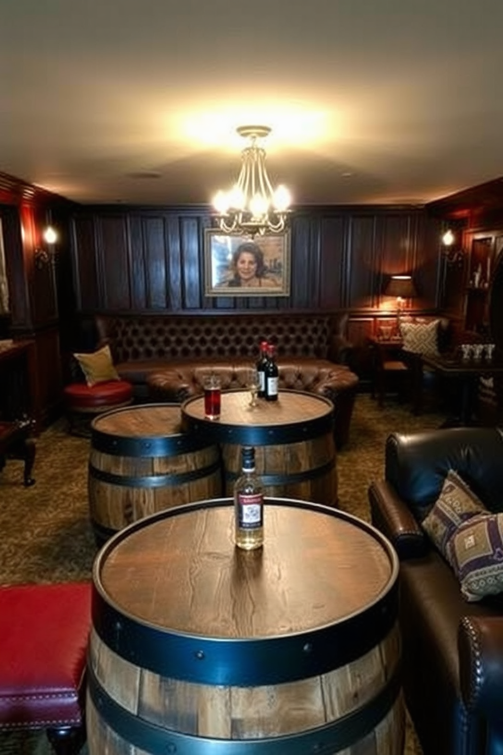 A stylish speakeasy basement designed with prohibition-era themes. The space features dark wood paneling, plush velvet seating, and vintage barware displayed on polished shelves. Dim lighting creates an intimate atmosphere, complemented by art deco-inspired chandeliers. A hidden door leads to a secret wine cellar, enhancing the allure of the space.