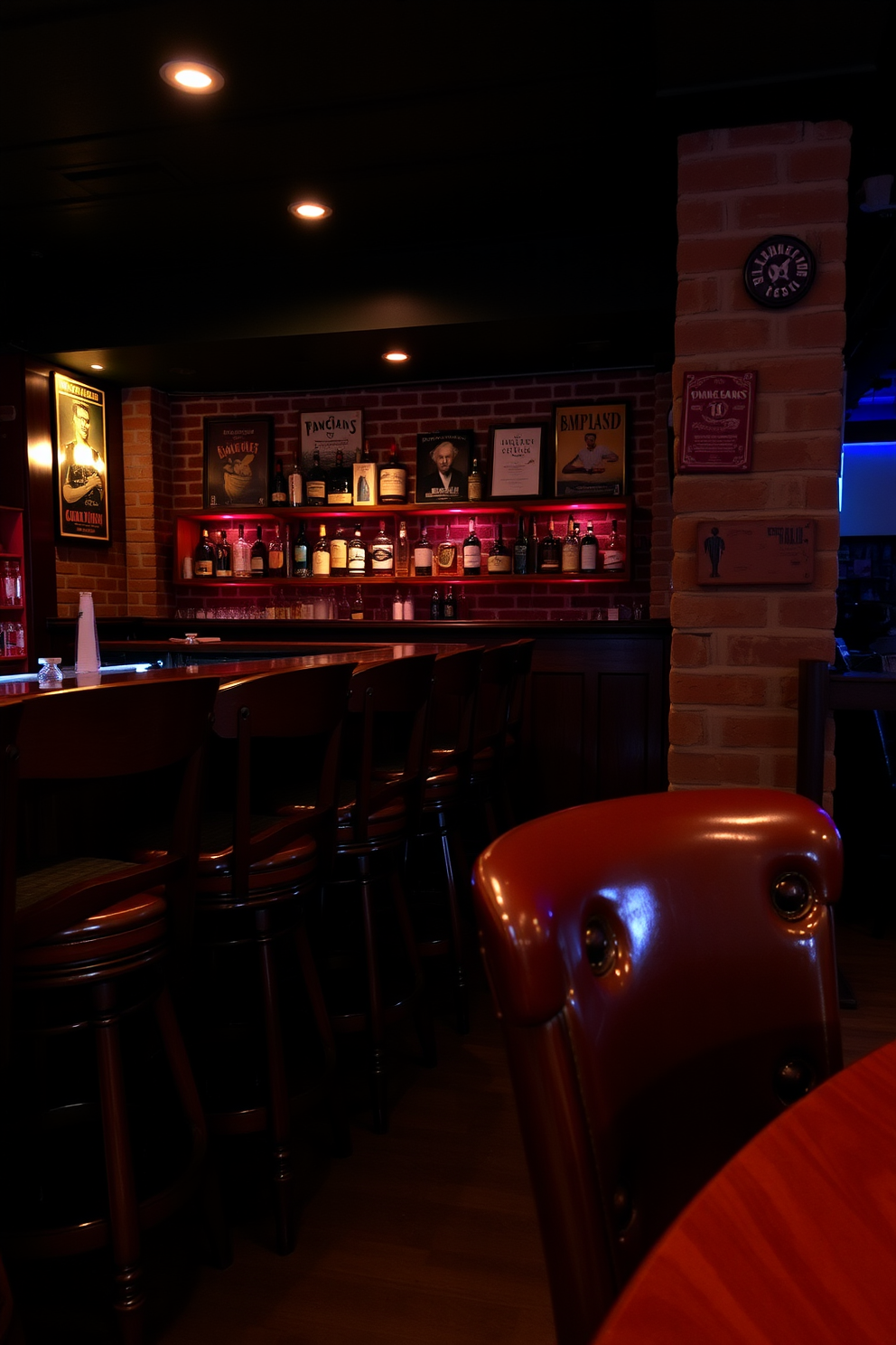 Old-fashioned bar stools made of rich mahogany with plush leather seats are arranged around a polished oak bar. The lighting is dim and warm, creating an inviting atmosphere that echoes the charm of a classic speakeasy. The basement features exposed brick walls adorned with vintage posters and soft ambient lighting. A collection of whiskey bottles is displayed on the shelves behind the bar, enhancing the sophisticated yet cozy vibe of the space.