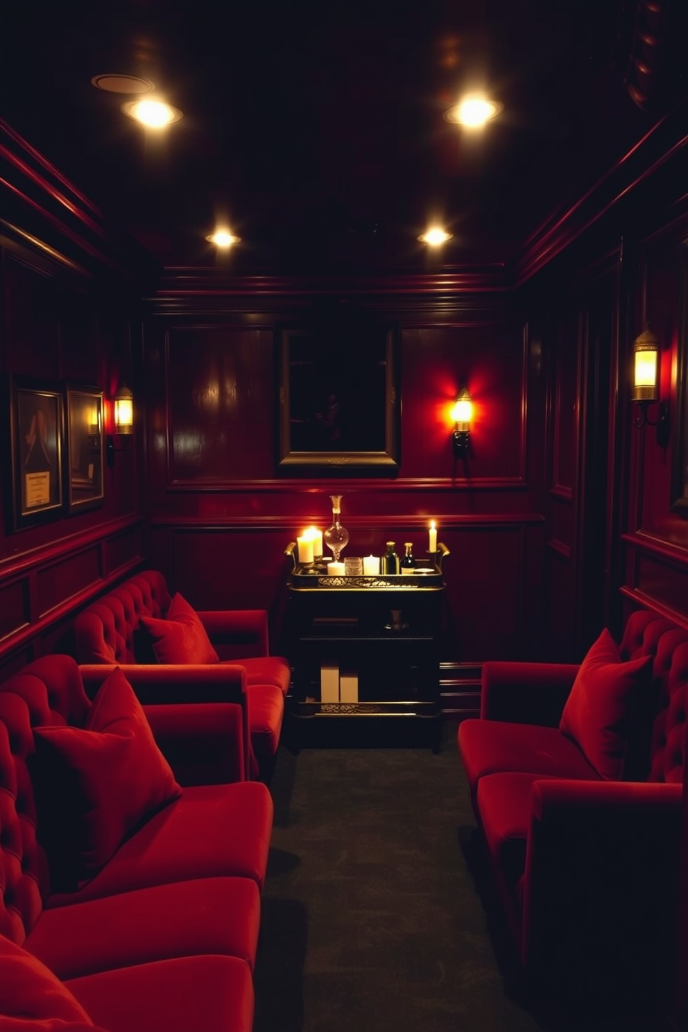 A cozy speakeasy basement featuring low lighting and rich wood paneling. The space is adorned with plush velvet seating, a vintage bar cart, and mood-setting candles placed strategically to create an inviting ambiance.