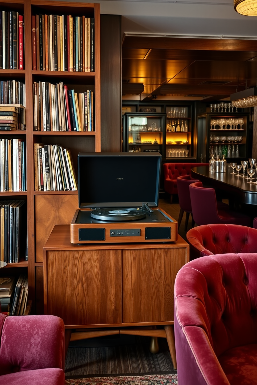 A vintage record player sits on a mid-century wooden stand, surrounded by vinyl records neatly arranged in an open shelf. Soft warm lighting highlights the rich wood tones, creating a cozy atmosphere that invites guests to unwind and enjoy the music. The speakeasy basement features a hidden entrance behind a bookshelf, leading to a dimly lit lounge area with plush velvet seating. A bar made of dark mahogany showcases an array of vintage glassware, while exposed brick walls add character to the intimate space.