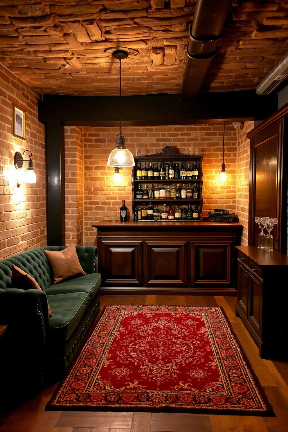 A cozy speakeasy basement with exposed brick walls creates an inviting atmosphere. The space features a plush velvet sofa and a vintage wooden bar, illuminated by soft pendant lights hanging from the ceiling. A collection of antique whiskey bottles is displayed on the bar, alongside elegant glassware. Rich, dark wood accents complement the industrial charm of the exposed brick, while a large area rug adds warmth to the floor.