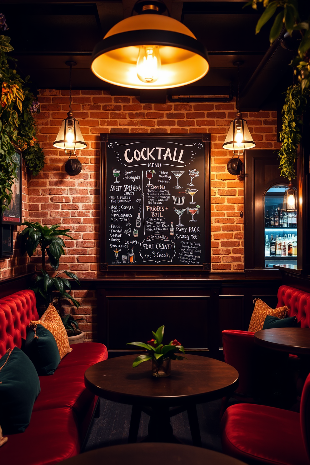 A vibrant cocktail menu chalkboard display hangs on the exposed brick wall of a cozy speakeasy basement. The chalkboard is adorned with playful illustrations of cocktails, surrounded by vintage lighting fixtures that create an inviting atmosphere. The basement features plush velvet seating arranged around low wooden tables, with rich dark wood accents throughout. A hidden bar showcases an array of colorful bottles, while lush greenery adds a touch of freshness to the intimate space.