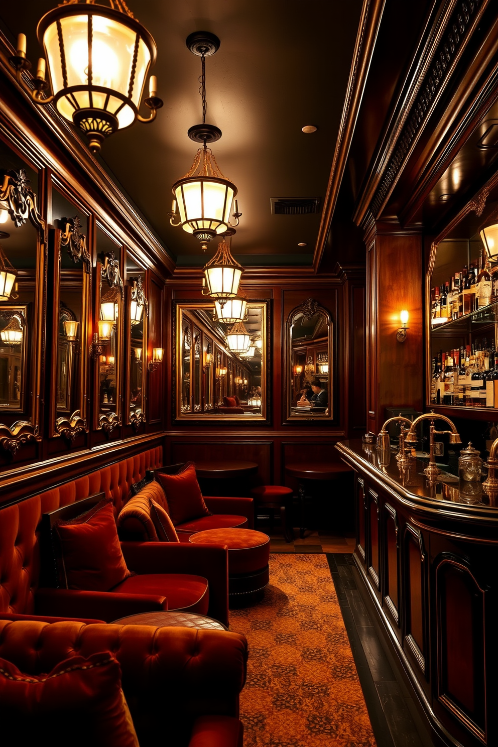 A cozy speakeasy basement with warm lighting and plush seating. The walls are adorned with antique mirrors that reflect the soft glow of vintage chandeliers, enhancing the intimate atmosphere. Rich wooden paneling lines the walls, complemented by deep burgundy accents. A classic bar area features polished brass fixtures and an array of liquor bottles displayed on elegant shelves.