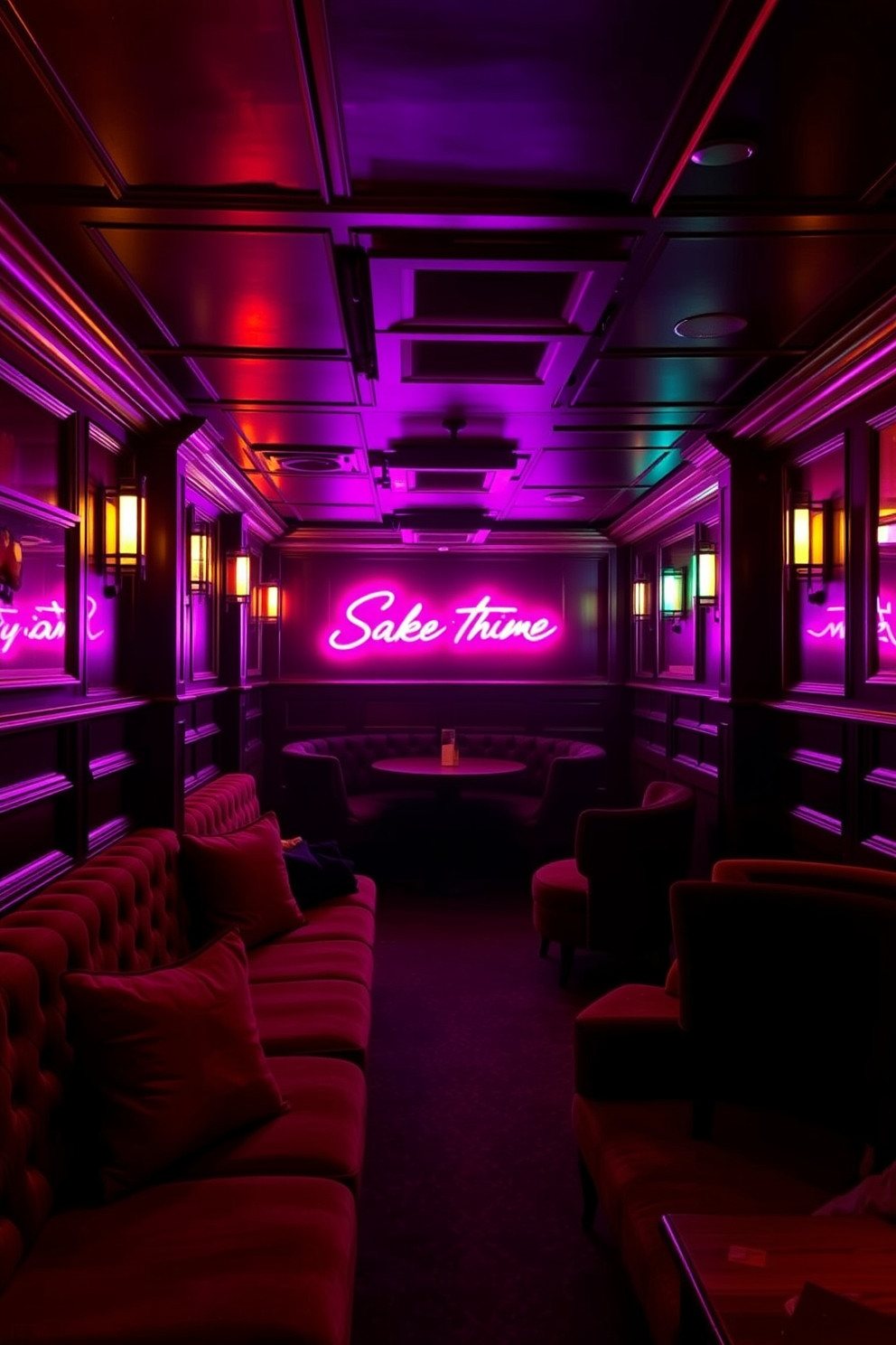 A lively speakeasy basement with mood-enhancing neon signs illuminating the space. The walls are adorned with rich, dark wood paneling and plush velvet seating, creating an inviting atmosphere for social gatherings.