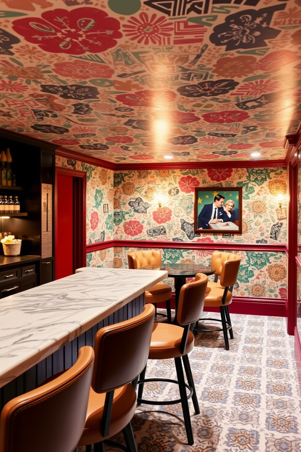 A speakeasy basement design featuring retro wallpaper that adds a unique touch to the space. The walls are adorned with vibrant patterns, creating an inviting atmosphere for gatherings and entertainment.