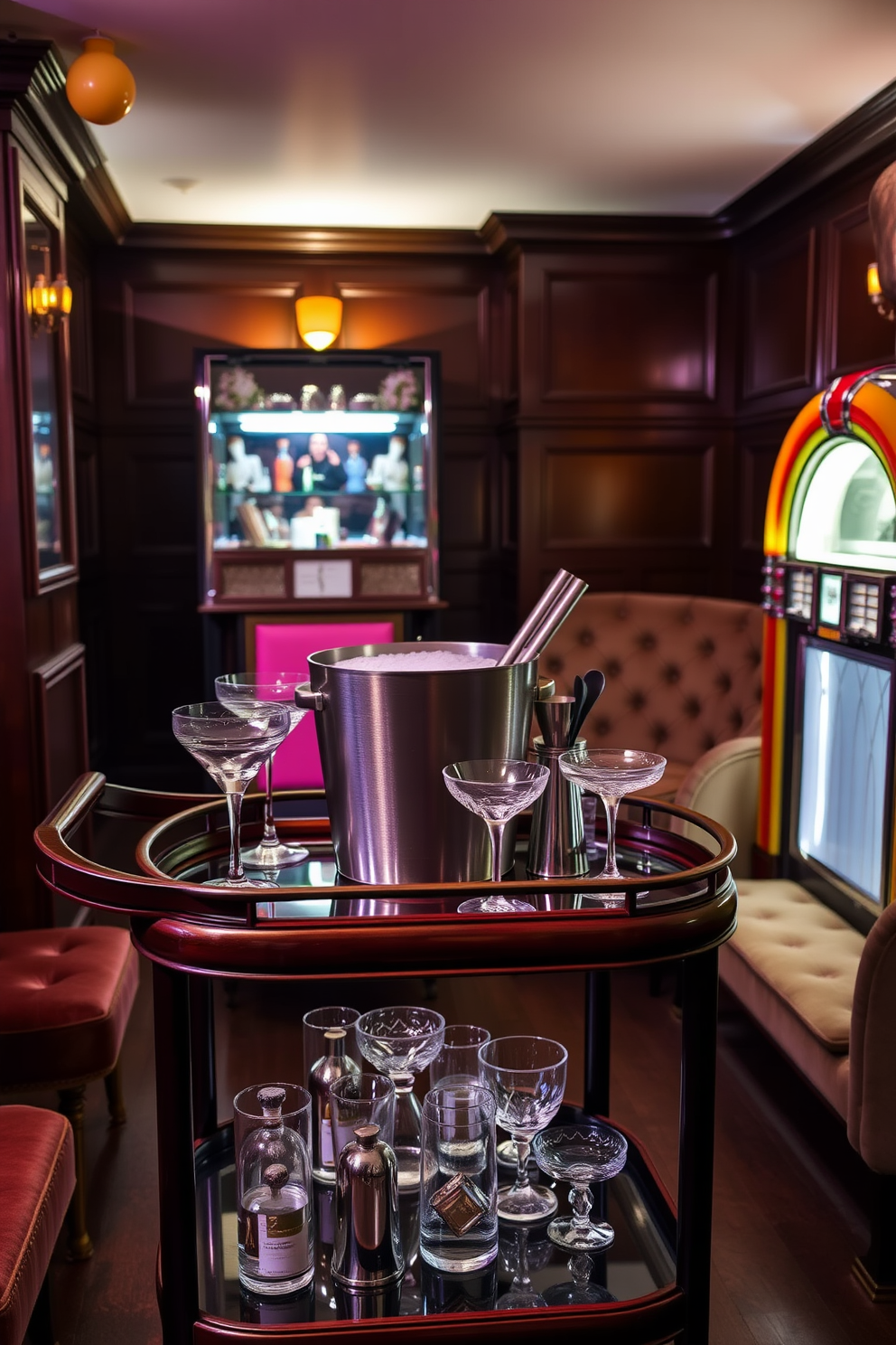 A stylish ice bucket sits on a polished wooden bar cart, surrounded by an assortment of elegant glassware. The ice bucket features a sleek metallic finish and is accompanied by a set of cocktail tools for mixing drinks. The speakeasy basement is designed with a vintage aesthetic, featuring dark wood paneling and plush velvet seating. Soft ambient lighting creates an intimate atmosphere, while a classic jukebox adds a nostalgic touch to the space.