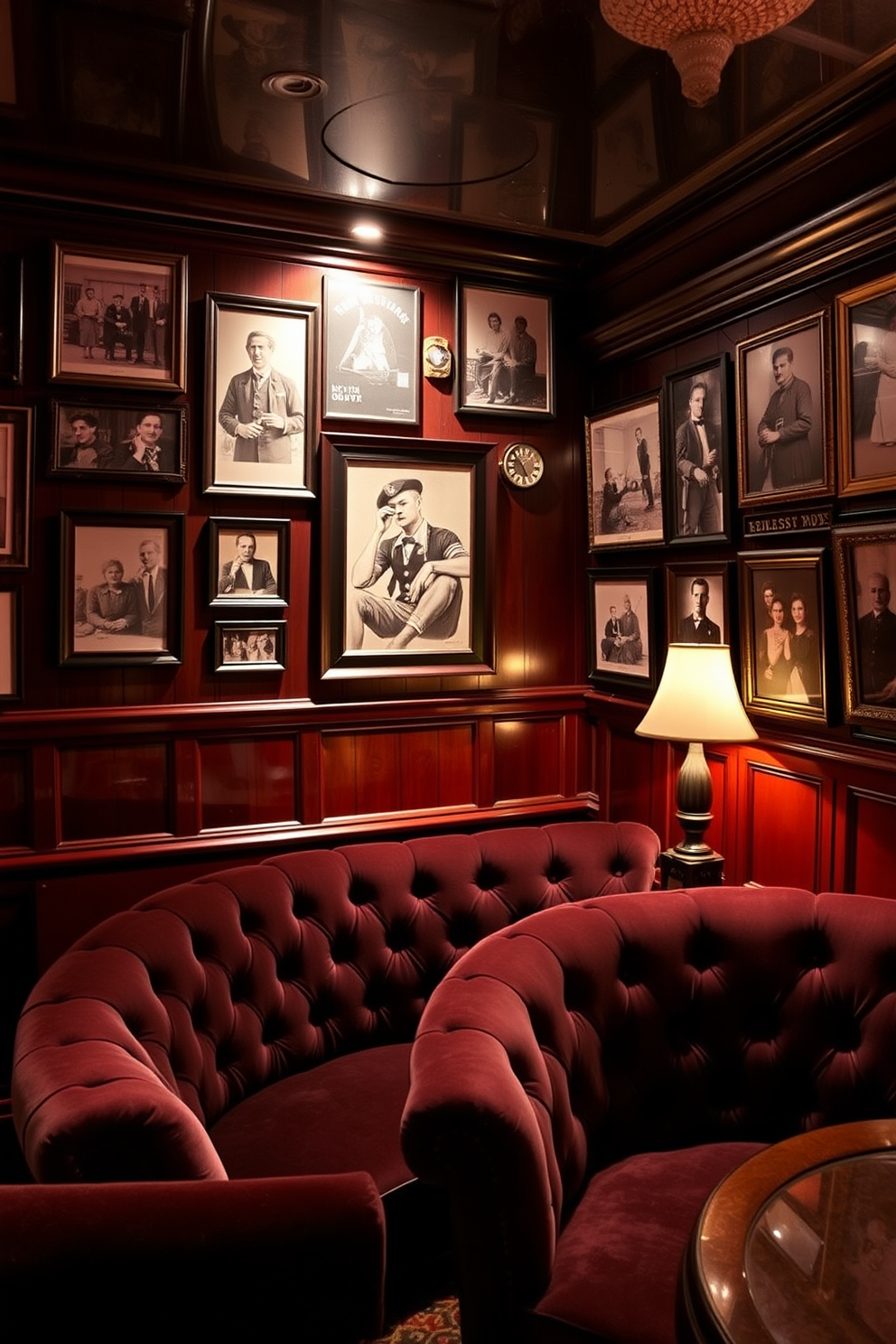 A cozy speakeasy basement with vintage charm. The walls are adorned with historic photographs that evoke a sense of nostalgia and storytelling. Rich, dark wood paneling creates an intimate atmosphere. Plush velvet seating in deep hues invites guests to relax and enjoy the ambiance.