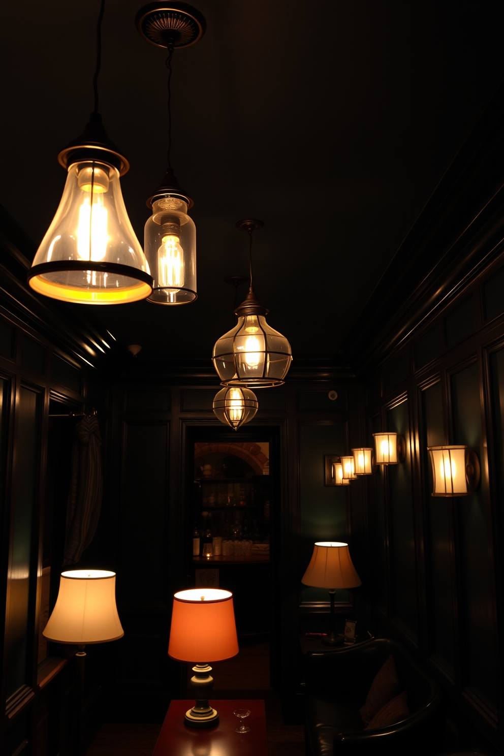 A stylish speakeasy basement featuring a vintage chalkboard displaying an elegant craft cocktail menu. The walls are adorned with dark wood paneling, and soft ambient lighting creates an intimate atmosphere.