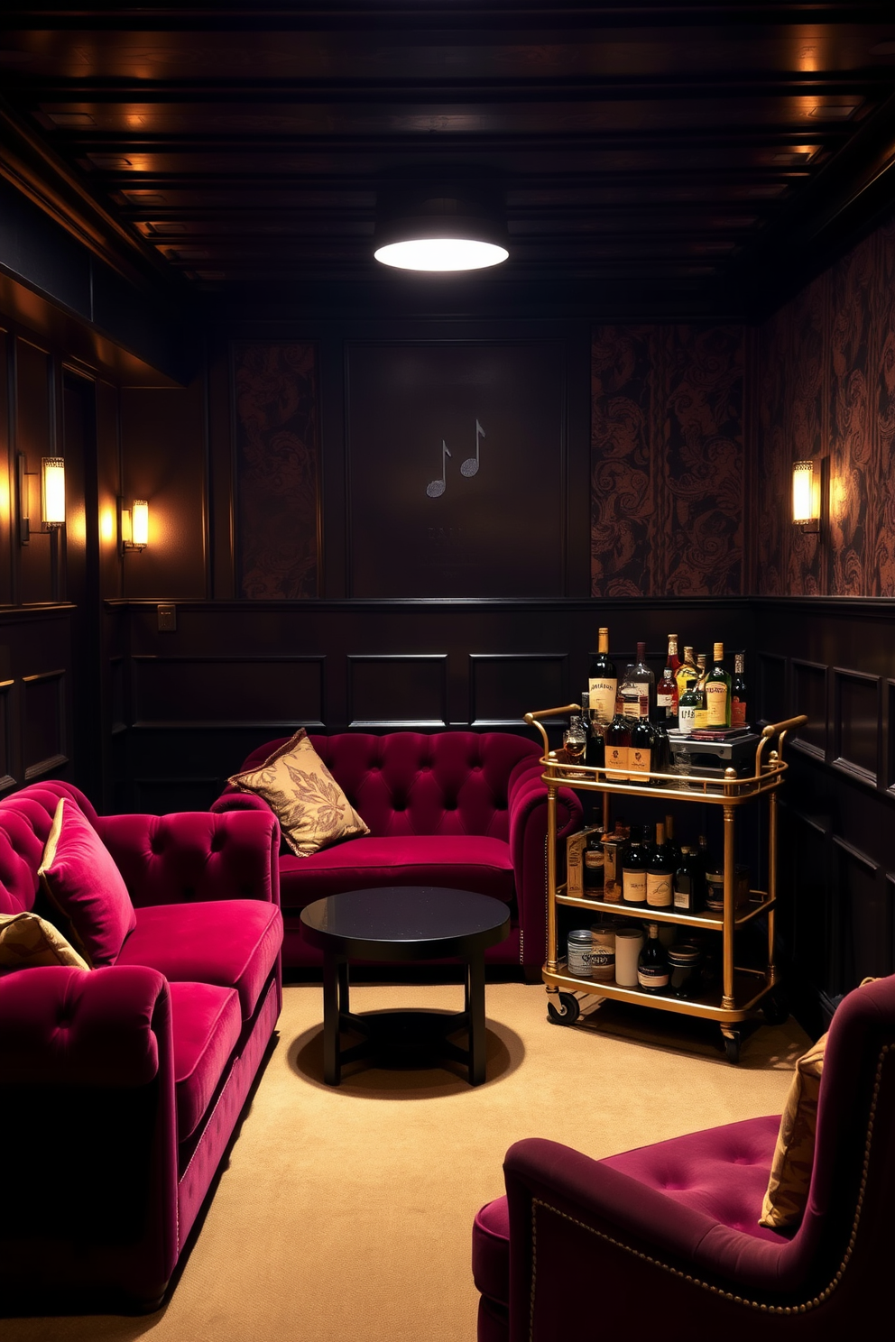 A cozy speakeasy basement with dim ambient lighting creates an intimate atmosphere. Plush velvet sofas in deep burgundy are arranged around a low coffee table, while a vintage bar cart is stocked with an array of spirits. The walls are adorned with dark wood paneling and rich wallpaper featuring intricate patterns. Soft jazz music plays in the background, enhancing the sophisticated vibe of the space.