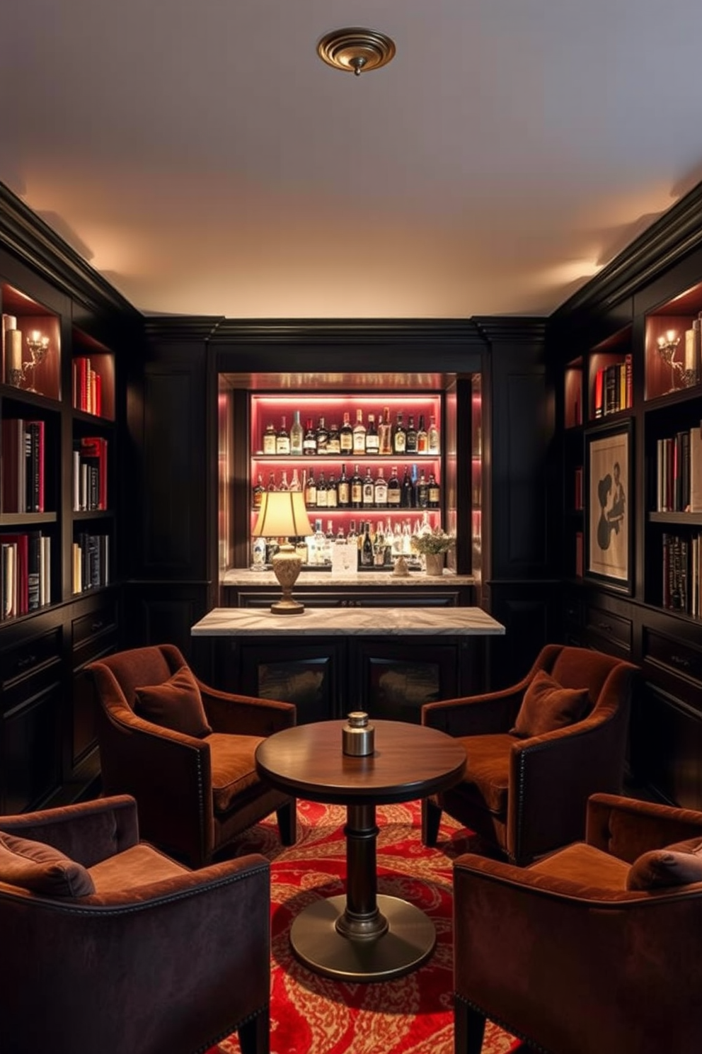 Cozy nooks for private conversations. A small, intimate seating area with plush armchairs and a round wooden table, surrounded by bookshelves filled with novels and soft lighting from a vintage lamp. Speakeasy Basement Design Ideas. A hidden bar area with dark wood paneling, a marble countertop, and backlit shelves displaying an array of spirits, complemented by low, ambient lighting and plush velvet seating for an inviting atmosphere.