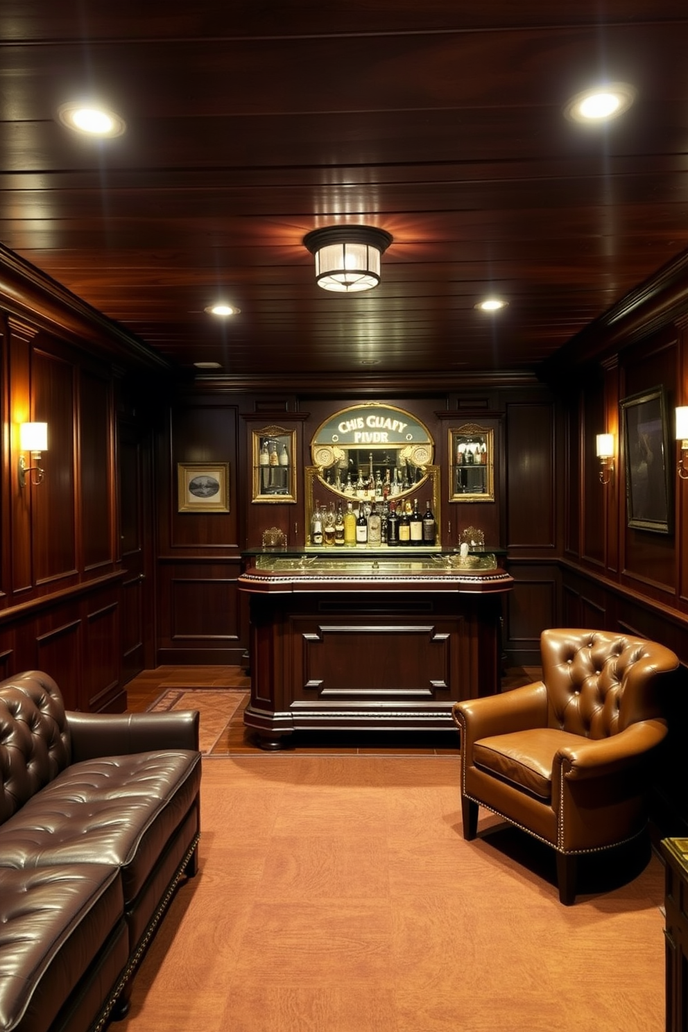 Rich wood paneling creates a warm and inviting atmosphere in a speakeasy basement. The space features plush leather seating, a vintage bar with brass accents, and ambient lighting that enhances the classic elegance.