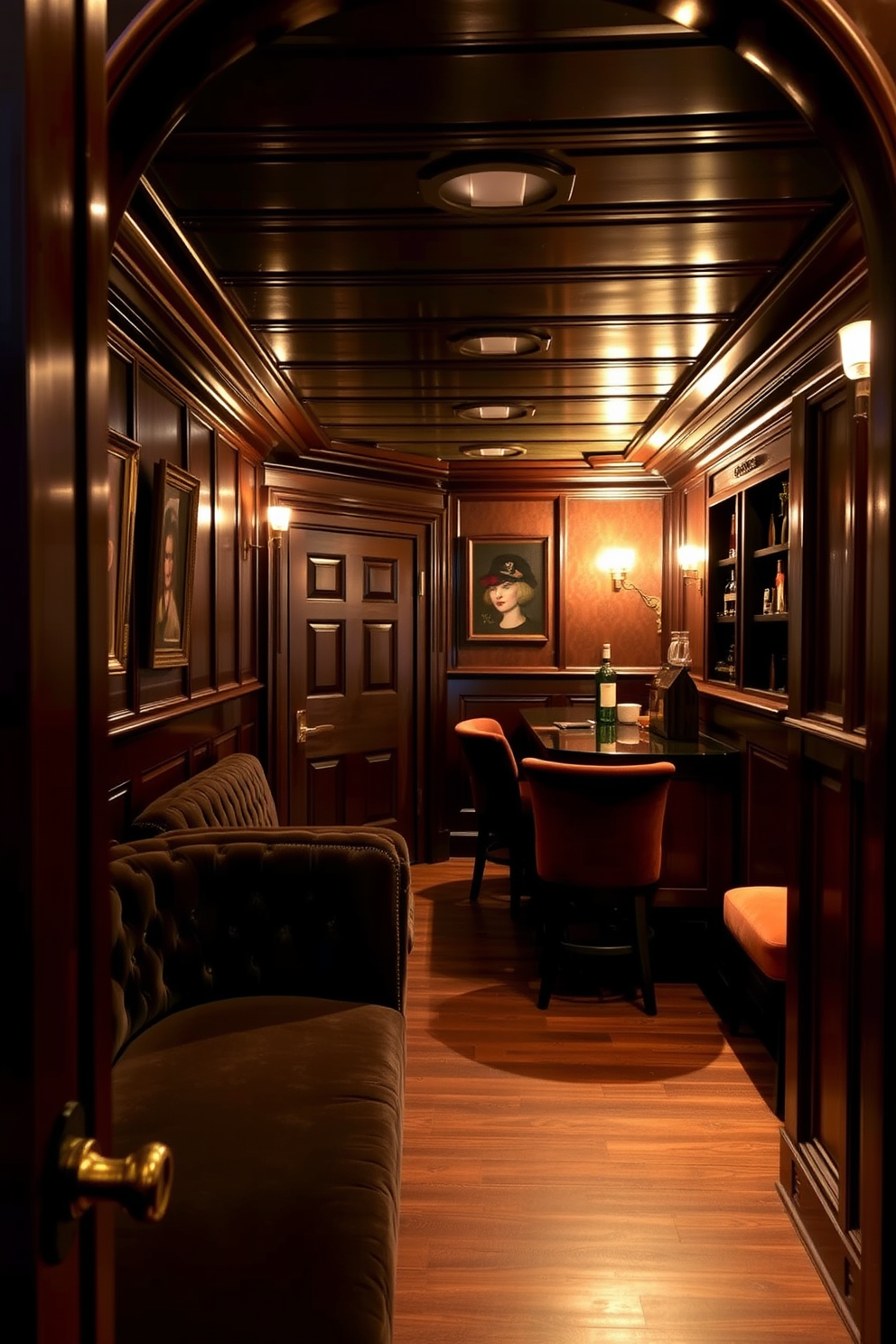 A cozy speakeasy basement with low lighting creates an intimate atmosphere. Stylish pendant fixtures hang from the ceiling, casting a warm glow over the space. The walls are adorned with rich wood paneling, complemented by plush velvet seating. A vintage bar cart is positioned in the corner, stocked with an array of fine spirits and glassware.