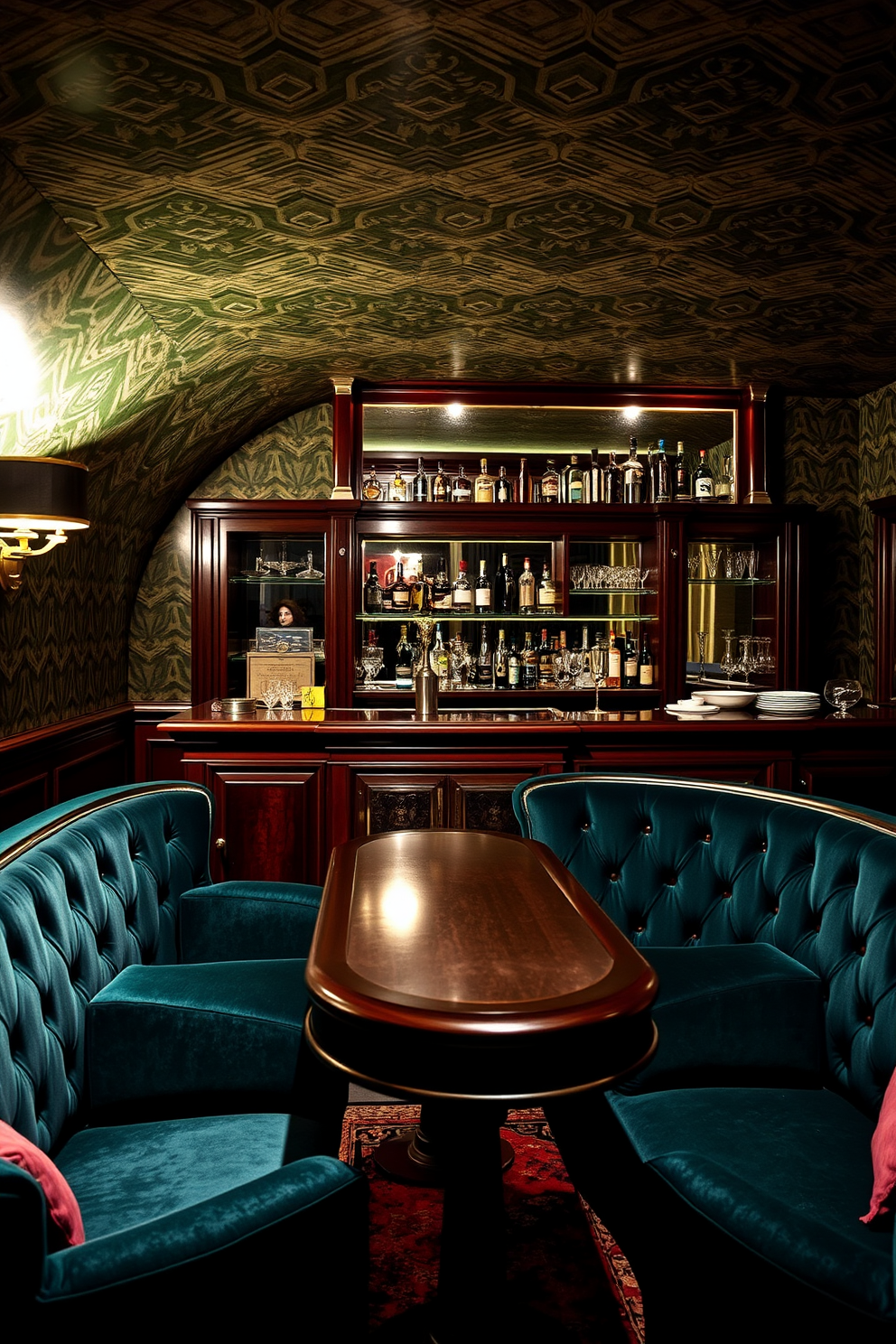 A luxurious speakeasy basement with art deco accents. The space features plush velvet seating in rich jewel tones and geometric patterns on the wallpaper. A polished bar counter made of dark mahogany is adorned with a mirrored backsplash. Elegant glassware and vintage liquor bottles are displayed on the shelves behind the bar.