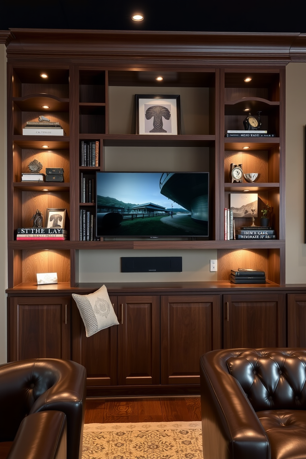 Custom built-in shelves designed for a modern living space. The shelves are crafted from rich walnut wood and feature a combination of open and closed storage, showcasing curated decor and books. A speakeasy basement design that exudes vintage charm. The space includes a cozy bar area with dark wood finishes, plush leather seating, and ambient lighting to create an intimate atmosphere.