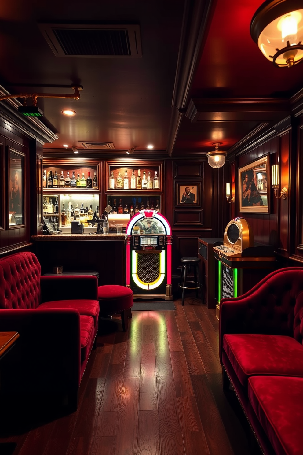 A cozy speakeasy basement with rich wood paneling and plush velvet seating creates an inviting atmosphere. The bar area features brass fixtures that add a vintage flair, complemented by soft ambient lighting and an array of fine spirits displayed on shelves. In one corner, a vintage jukebox stands next to a small stage for live music performances. The flooring is a dark hardwood, enhancing the overall warmth and sophistication of the space.