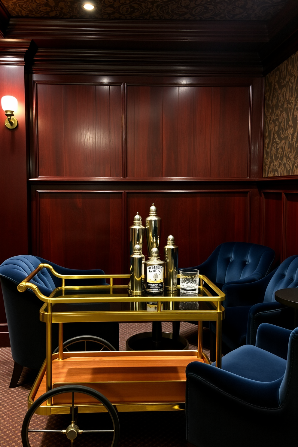 Classic cocktail shakers are displayed prominently on a polished wooden bar cart with brass accents. The backdrop features rich, dark wood paneling and dim lighting that creates an intimate atmosphere. The seating area includes plush velvet armchairs in deep jewel tones, arranged around a low, round table. Vintage-inspired wallpaper with intricate patterns adds a touch of elegance to the speakeasy basement design.