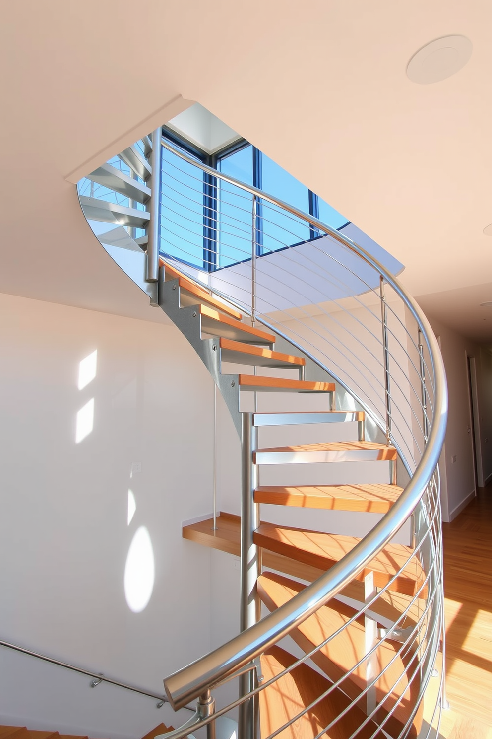 A sleek metal spiral staircase with a modern design showcases elegant curves and a minimalist aesthetic. The glass railing adds transparency and lightness, enhancing the overall contemporary feel of the space.