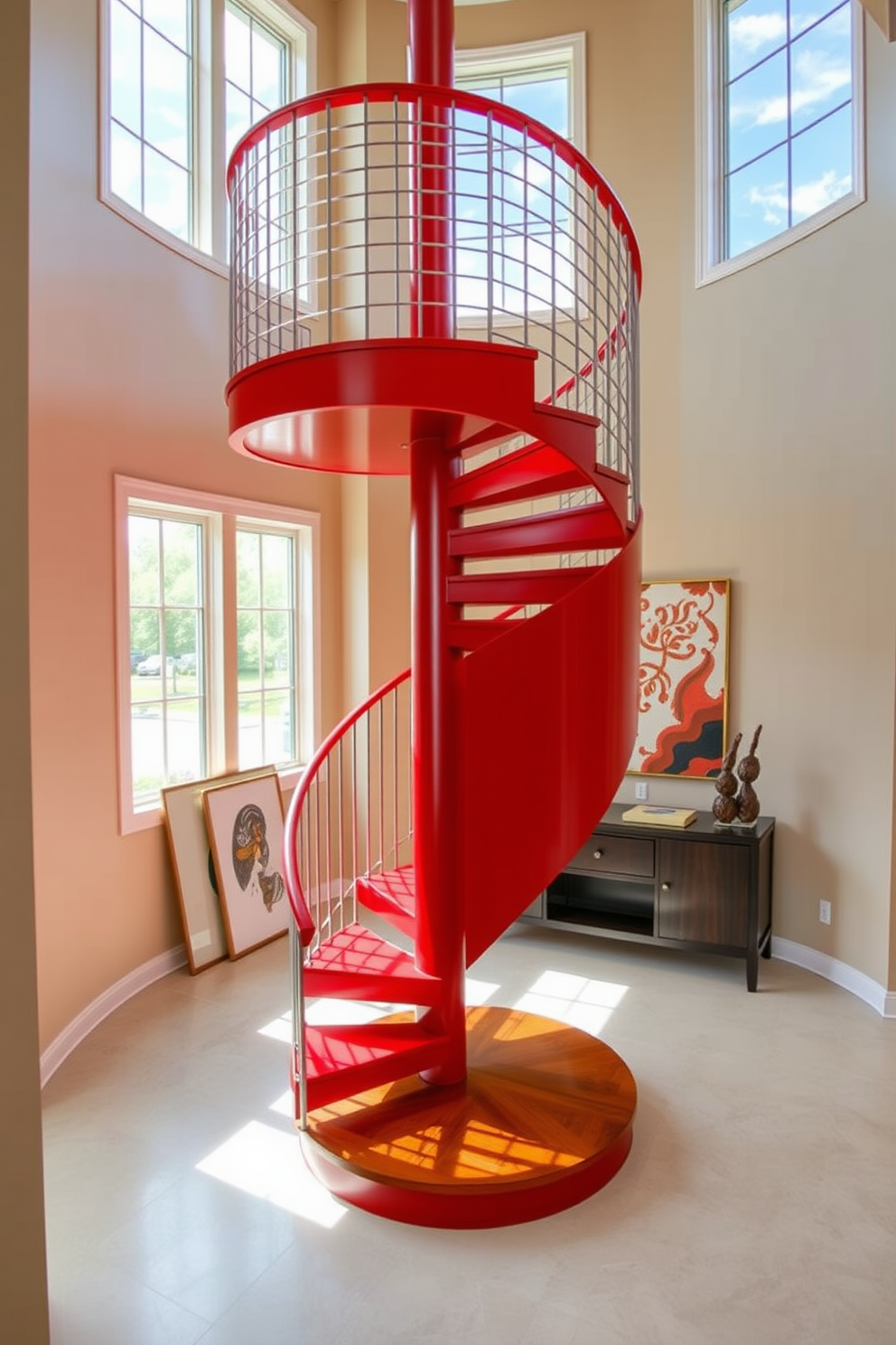 A bold red spiral staircase serves as the stunning focal point of the entryway. The staircase features sleek metal railings and a polished wooden base, creating a striking contrast against the surrounding neutral walls. Natural light floods the space through large windows, highlighting the vibrant color of the staircase. Surrounding the staircase are modern art pieces and a stylish console table, enhancing the overall aesthetic of the room.