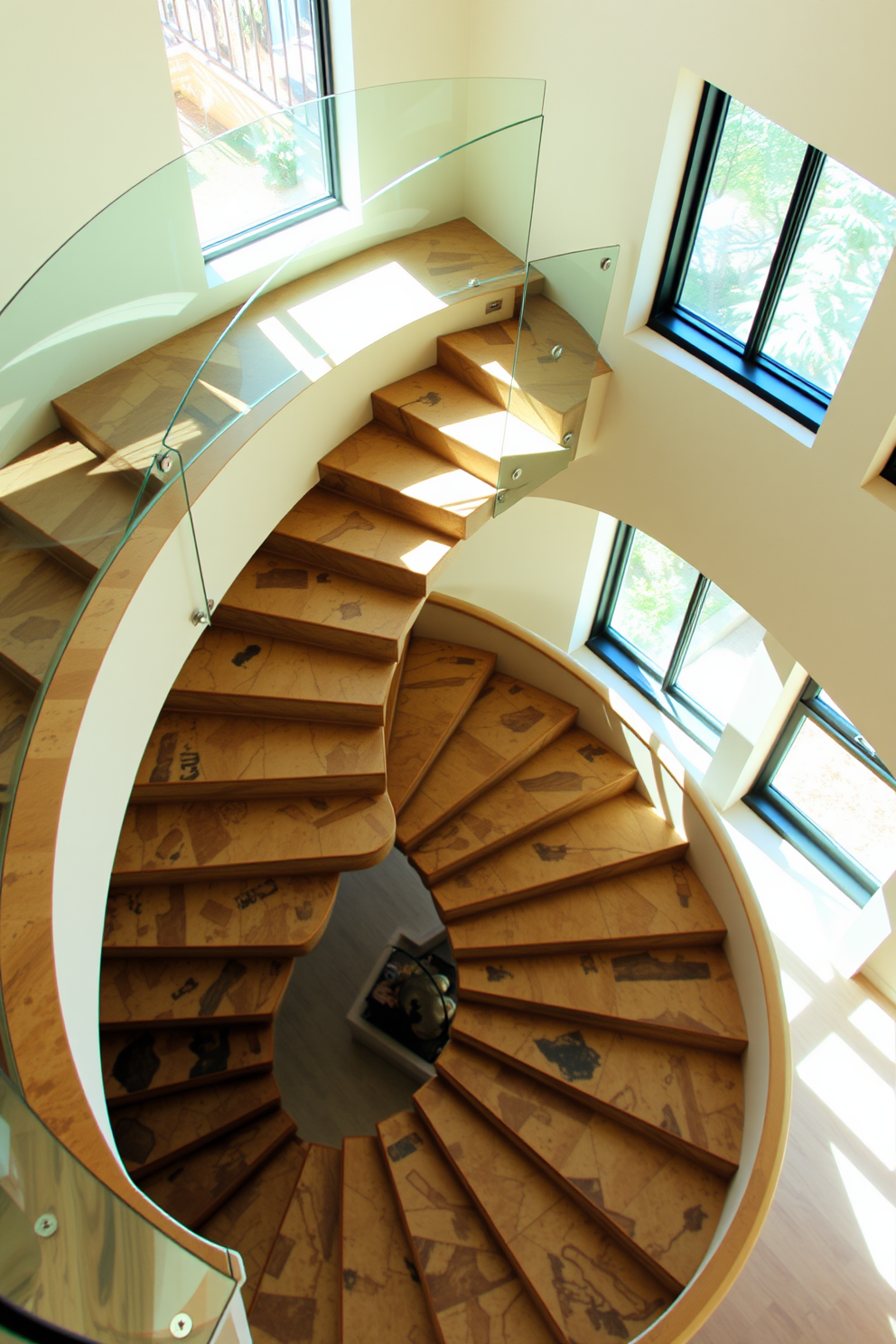 A stunning spiral staircase featuring natural stone steps that gracefully ascend to the upper level. The staircase is surrounded by a sleek glass railing that enhances the open feel of the space. Natural light floods the area, highlighting the unique textures of the stone and creating a warm ambiance. The elegant curves of the staircase add a touch of sophistication to the overall design.