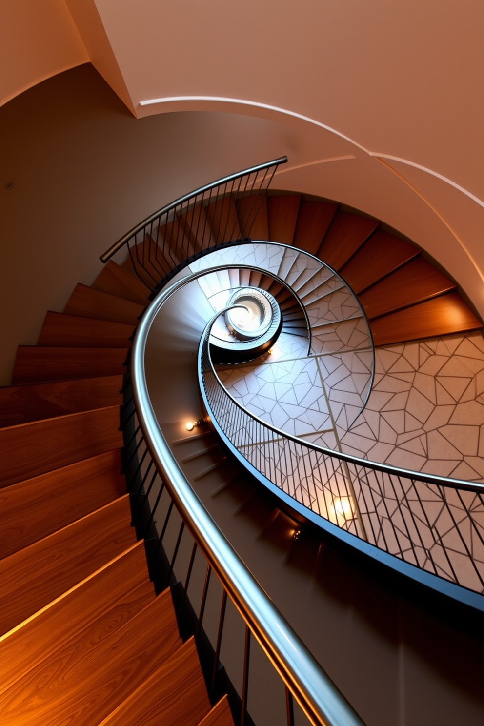 A striking geometric spiral staircase with sharp angles dominates the space. The staircase features a sleek metal railing and is illuminated by modern pendant lights that enhance its architectural beauty. The treads are crafted from polished wood, contrasting with the minimalist concrete backdrop. Natural light filters through large windows, casting intriguing shadows on the staircase, creating a dynamic visual effect.