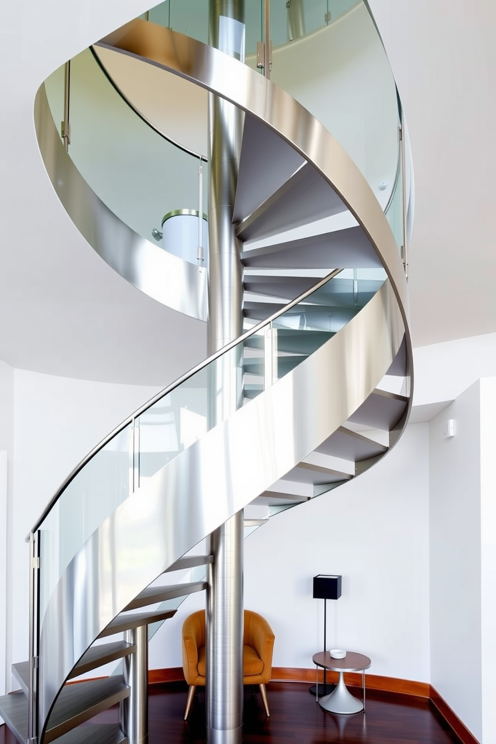 A sleek stainless steel spiral staircase elegantly winds upwards, featuring a polished finish that reflects the ambient light. The staircase is surrounded by glass railings, enhancing the modern aesthetic and creating an open, airy feel in the space. The steps are designed with a minimalist approach, showcasing clean lines and a contemporary style. Below the staircase, a small, stylish seating area is integrated, complete with a chic accent chair and a small side table for a cozy touch.