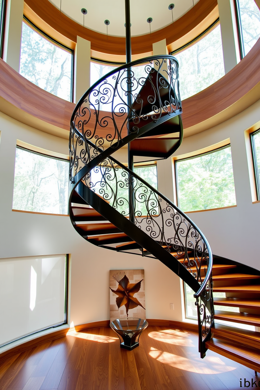 A stunning spiral staircase with an artistic handrail that showcases intricate metalwork. The staircase is surrounded by large windows that allow natural light to flood in, highlighting the elegant curves and lines of the design. The steps are crafted from rich hardwood, creating a warm contrast against the sleek, modern handrail. Below the staircase, a minimalist space is adorned with a contemporary art piece that complements the overall aesthetic.