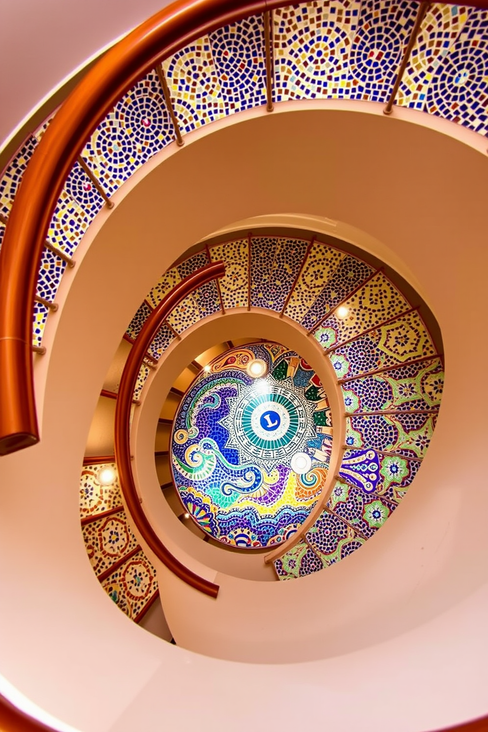 A stunning spiral staircase features vibrant mosaic tiles in a captivating array of colors. The intricate patterns of the tiles create a lively focal point that draws the eye upward. The handrail is crafted from polished wood, adding warmth and elegance to the design. Soft lighting illuminates the staircase, highlighting the beauty of the mosaic and enhancing the overall ambiance.