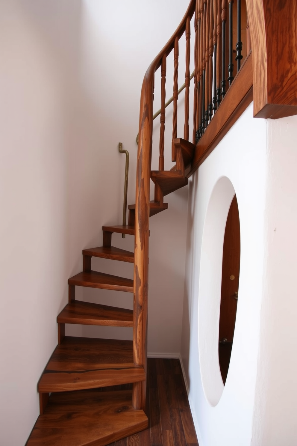 A rustic spiral staircase made from reclaimed wood winds gracefully upwards. The warm tones of the wood contrast beautifully with the surrounding white walls, creating a cozy and inviting atmosphere.