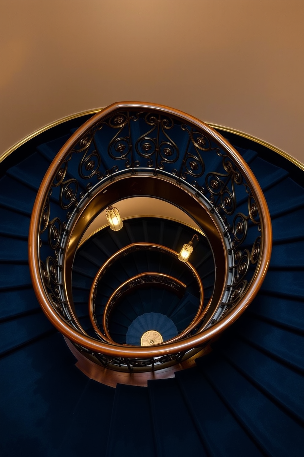 Art deco spiral staircase with ornate features. The staircase is crafted from polished brass and dark mahogany, featuring intricate geometric patterns on the railing. The steps are covered in a rich, deep blue carpet, adding a touch of luxury. Elegant lighting fixtures are integrated into the design, casting a warm glow that highlights the staircase's curves.