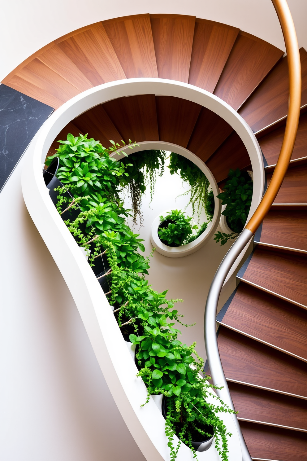 A stunning outdoor spiral staircase leads gracefully to a rooftop deck. The staircase features sleek metal railings and wooden treads, surrounded by lush greenery and ambient lighting. The rooftop deck is adorned with comfortable lounge furniture and potted plants, offering a perfect space for relaxation. A glass railing provides safety while allowing for unobstructed views of the skyline.