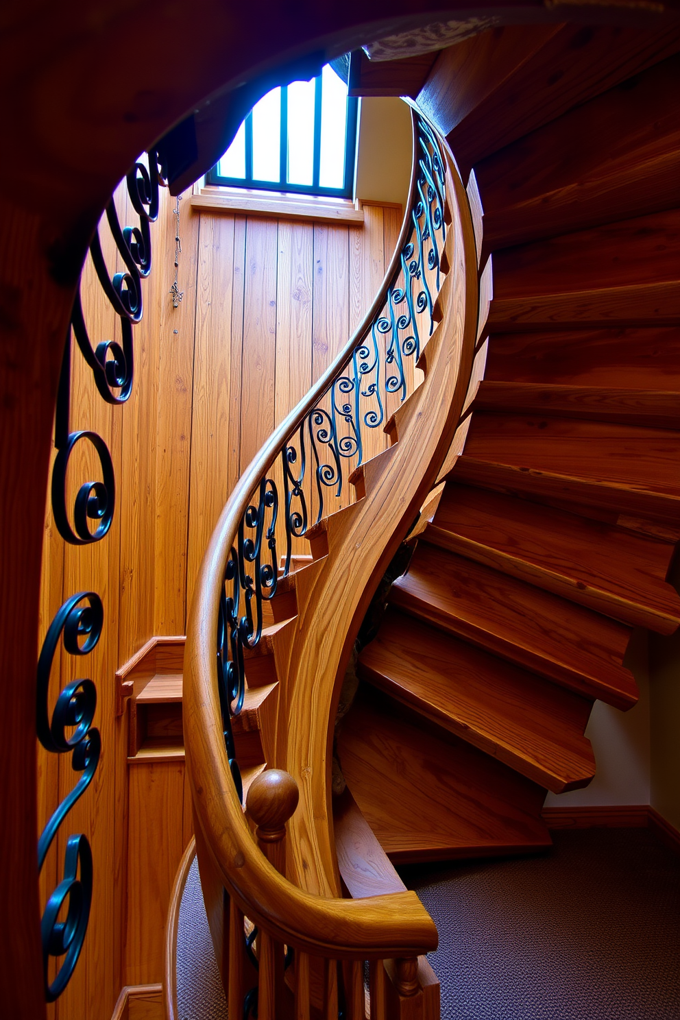 A rustic wooden spiral staircase gracefully winds upward, showcasing its handcrafted details and rich natural finish. The wrought iron railings add an elegant contrast, enhancing the staircase's charm and inviting a sense of warmth to the space.