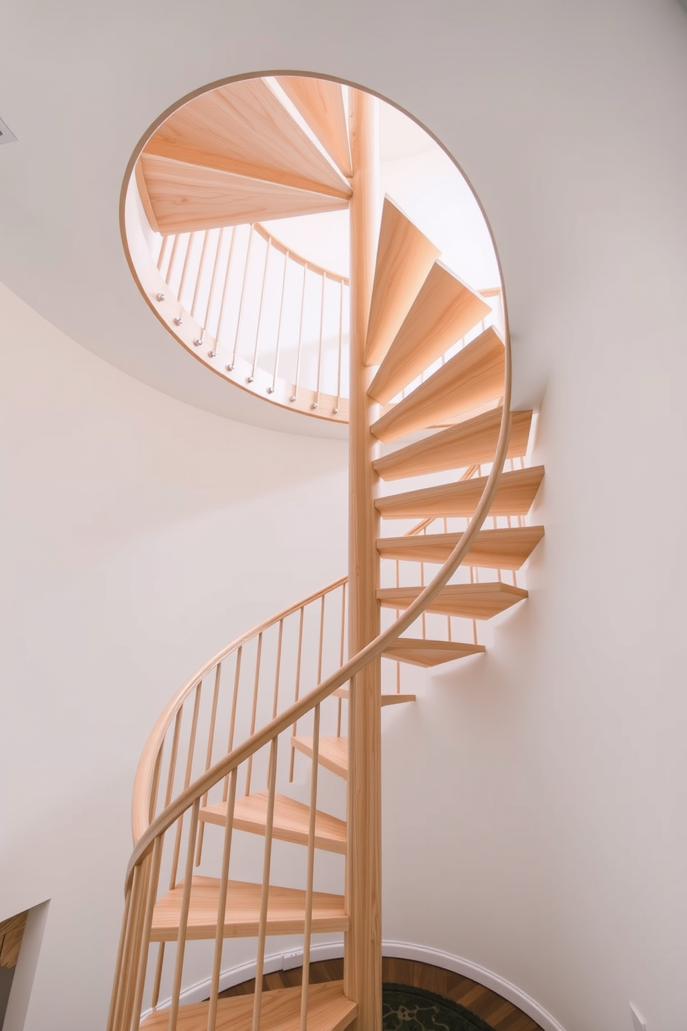 A Scandinavian style spiral staircase made of light wood gracefully winds upward. The design features clean lines and minimalistic details, enhancing the airy feel of the space.