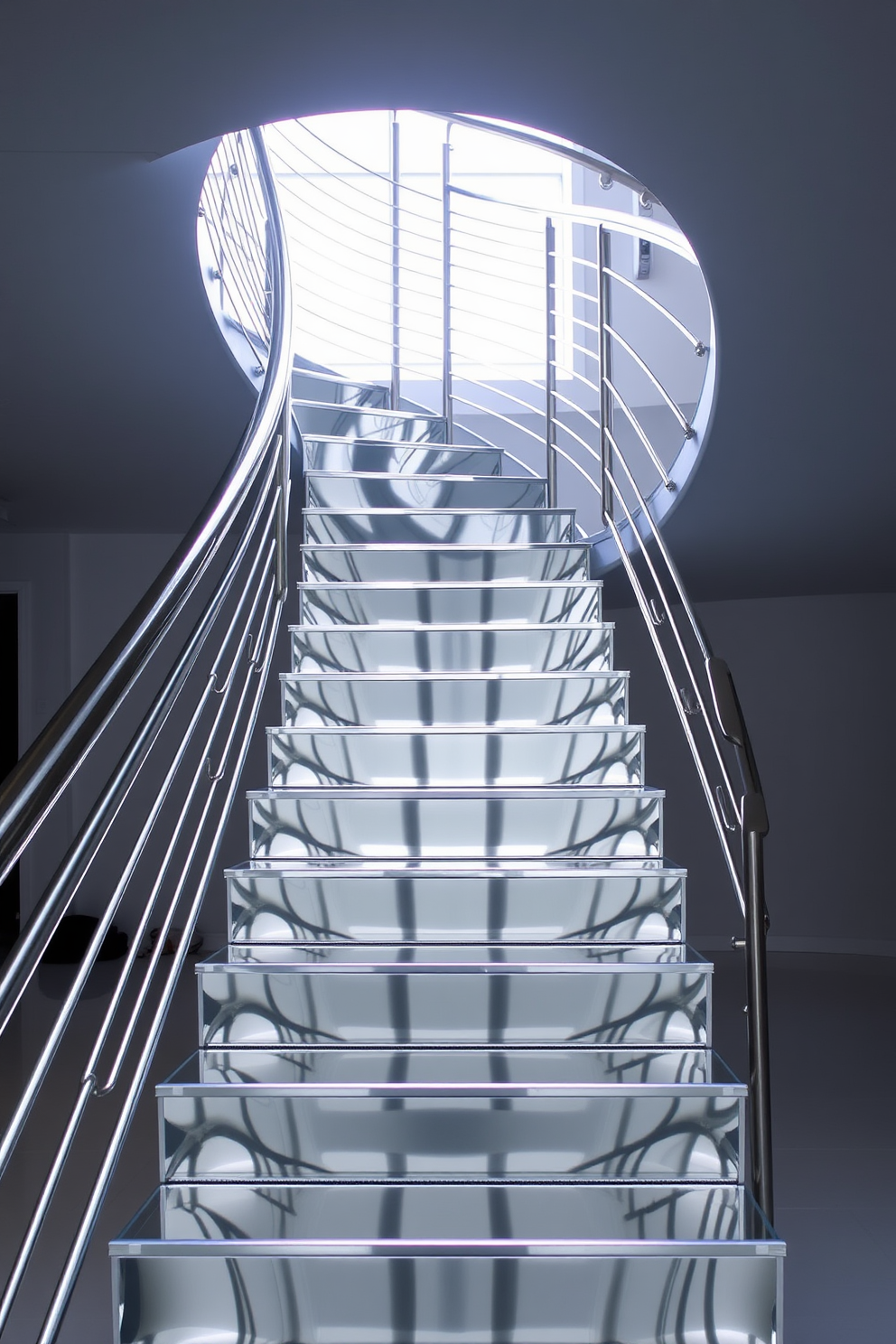 A stunning spiral staircase features mirrored steps that reflect light beautifully, creating an elegant focal point in the space. The staircase is adorned with a sleek metal railing that complements the modern aesthetic and enhances the overall design.