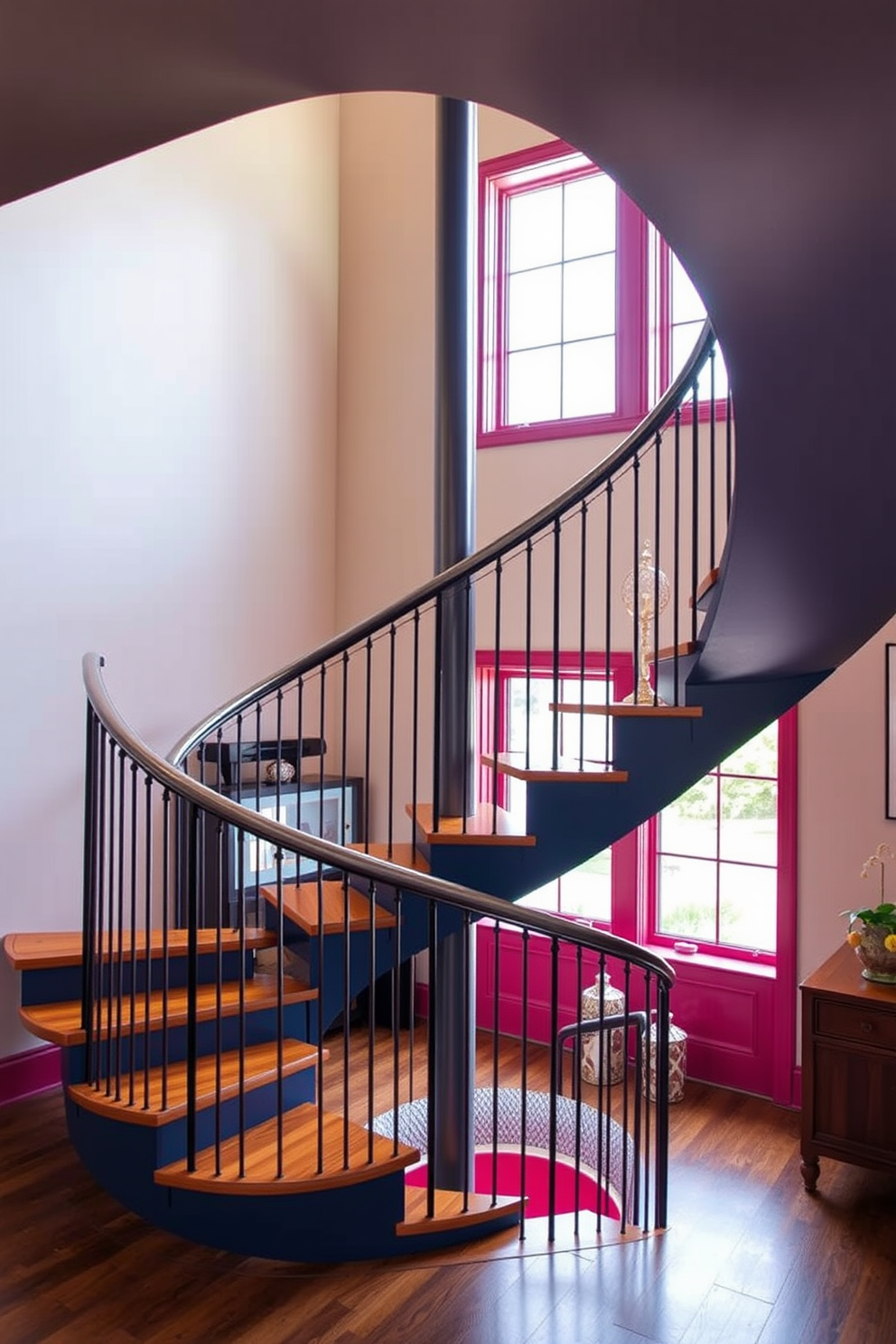 A contemporary spiral staircase featuring a bold color scheme that draws attention and adds personality to the space. The staircase is elegantly designed with sleek metal railings and wooden treads, creating a striking visual contrast. The bold color of the staircase complements the surrounding decor, enhancing the overall aesthetic of the room. Natural light filters through nearby windows, highlighting the unique curves and vibrant hues of the staircase.