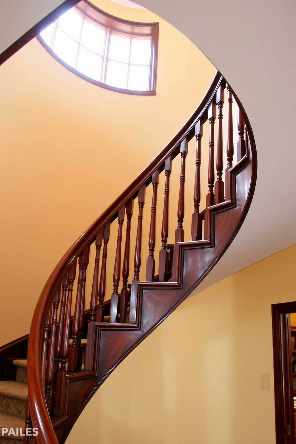 A stunning curved staircase with elegant soft lighting cascading down the steps creates a warm and inviting ambiance. The handrail is crafted from polished wood, complementing the rich tones of the surrounding walls. The staircase features intricate detailing in the balusters, adding a touch of sophistication to the design. At the base, a plush area rug enhances the comfort of the space while providing a striking contrast to the staircase's structure.