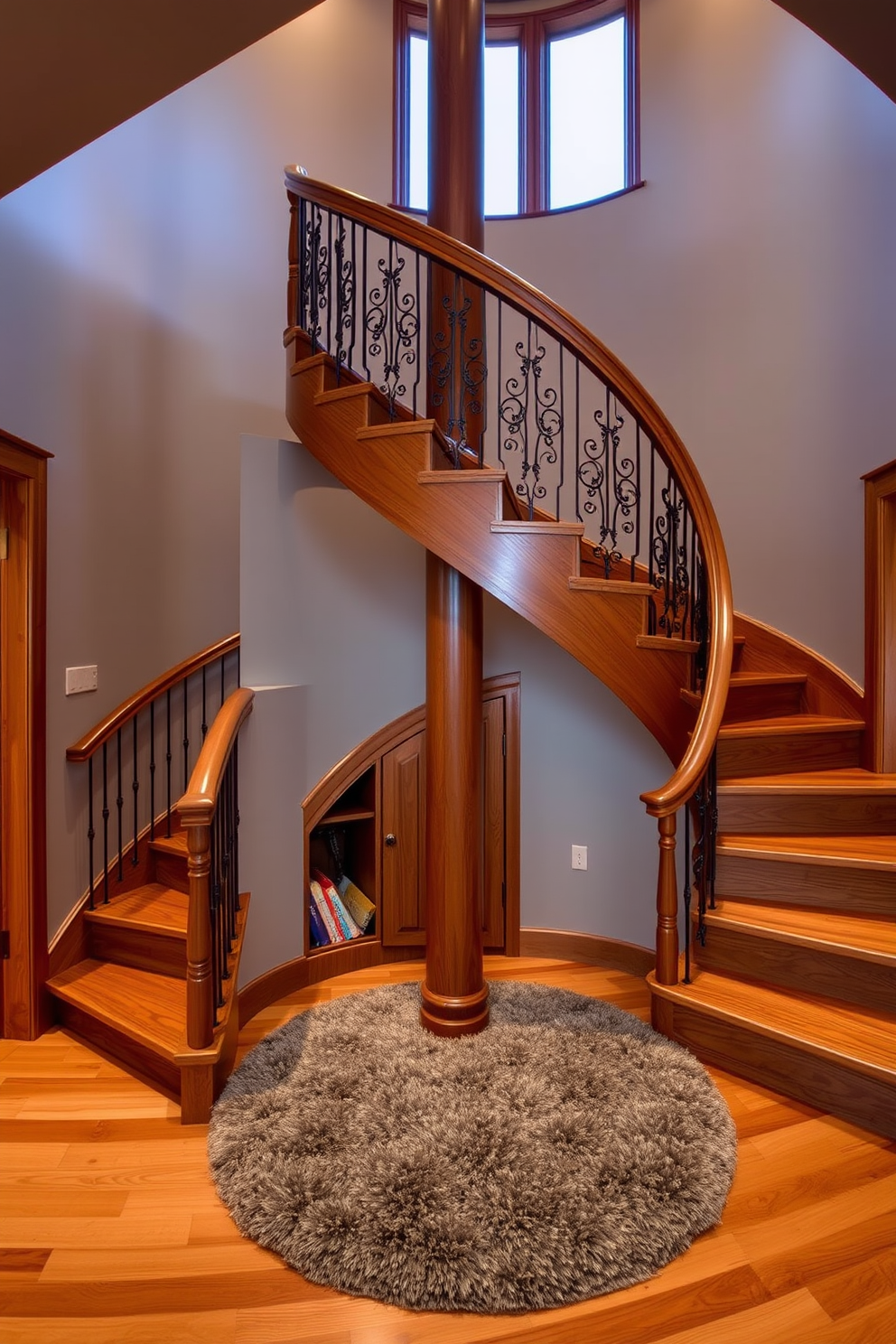 A stunning spiral staircase elegantly curves upwards, crafted from rich oak wood with a smooth finish. Nestled beneath the staircase is a cleverly designed hidden storage solution, seamlessly integrated into the structure, providing both functionality and style. The staircase features wrought iron balusters that add a touch of sophistication, while the surrounding walls are adorned with soft ambient lighting. A plush area rug at the base of the staircase enhances the warmth of the space, inviting guests to explore further.