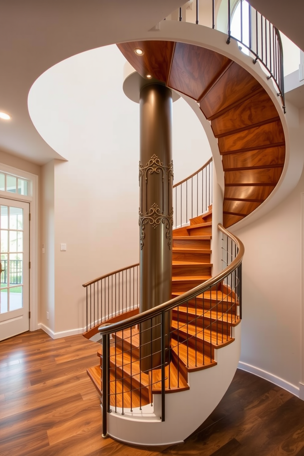 A stunning spiral staircase with a unique central column that serves as a focal point in the entryway. The staircase features elegantly crafted wooden treads and a sleek metal railing that enhances its modern aesthetic. The central column is adorned with intricate detailing that complements the overall design. Soft ambient lighting highlights the curves of the staircase, creating an inviting atmosphere in the space.