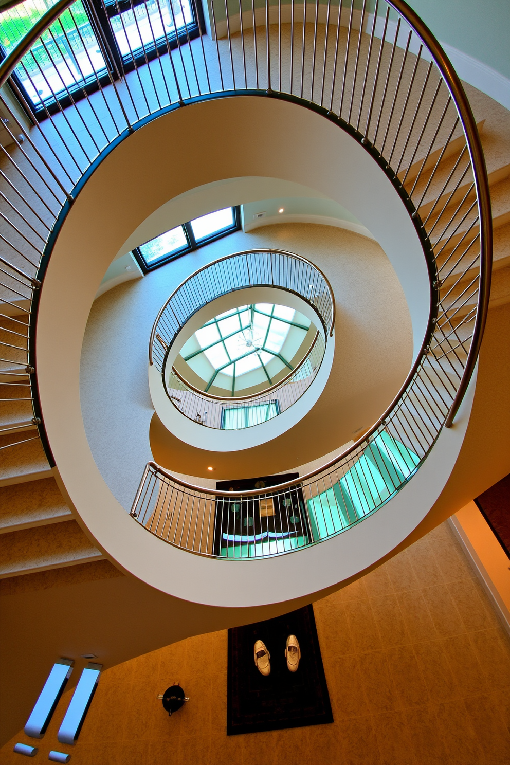 A stunning spiral staircase with a glass floor feature creates a dramatic focal point in the entryway. The elegant curves of the staircase are complemented by sleek metal railings and ambient lighting that highlights its architectural beauty. The glass floor allows natural light to flow through, illuminating the space below. This design seamlessly blends modern aesthetics with functionality, making it a captivating element in any high-end interior.