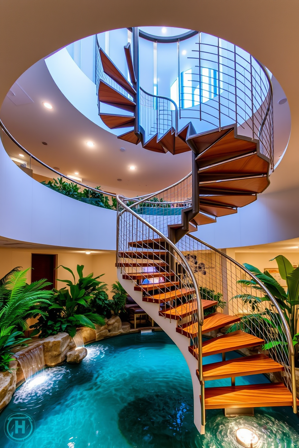 A stunning spiral staircase gracefully ascends through the space, its wooden steps elegantly intertwined with a sleek metal railing. Below the staircase, a mesmerizing waterfall feature cascades into a tranquil pool, surrounded by lush greenery and ambient lighting. The staircase is illuminated by strategically placed recessed lights that highlight its curves and enhance the overall aesthetic. The waterfall's gentle sound adds a serene atmosphere, making it a focal point of the interior design.