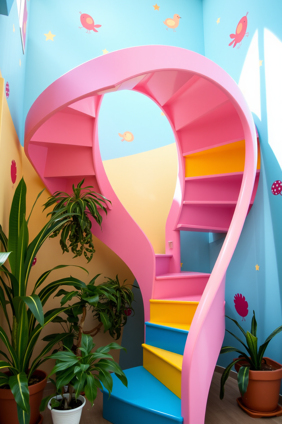 Whimsical spiral staircase with playful colors. The staircase features a vibrant mix of hues including bright pink, sunny yellow, and sky blue, creating a cheerful atmosphere. The handrail is designed with a unique, curvy shape that adds to the playful aesthetic. Surrounding the staircase are whimsical wall decals and potted plants that enhance the lively environment.