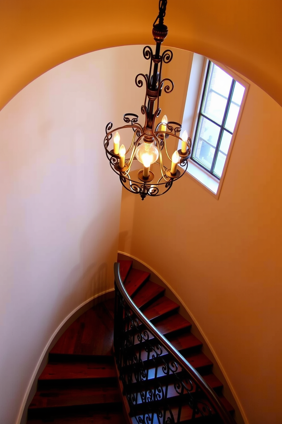 A stunning spiral staircase gracefully ascends with elegant wooden steps and a wrought iron railing. Above, a vintage chandelier with intricate details casts a warm glow, enhancing the staircase's charm.