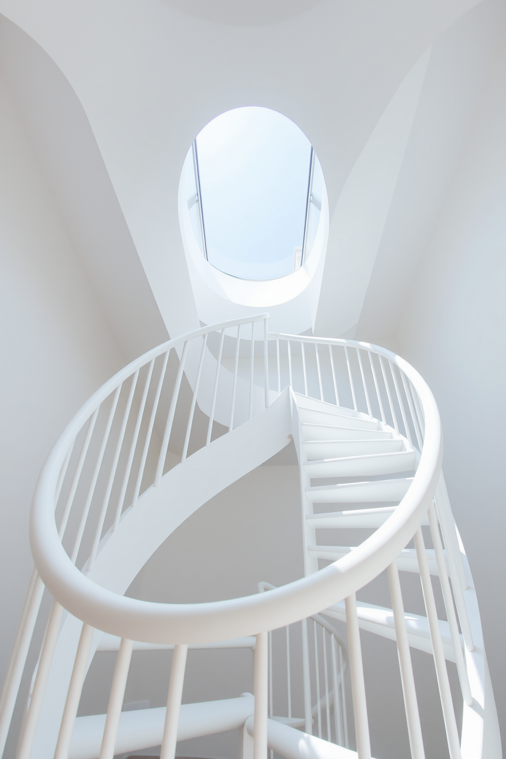 A minimalist white spiral staircase gracefully ascends, featuring sleek lines and a seamless design that enhances the modern aesthetic of the space. The staircase is surrounded by large windows that flood the area with natural light, creating a bright and airy atmosphere.