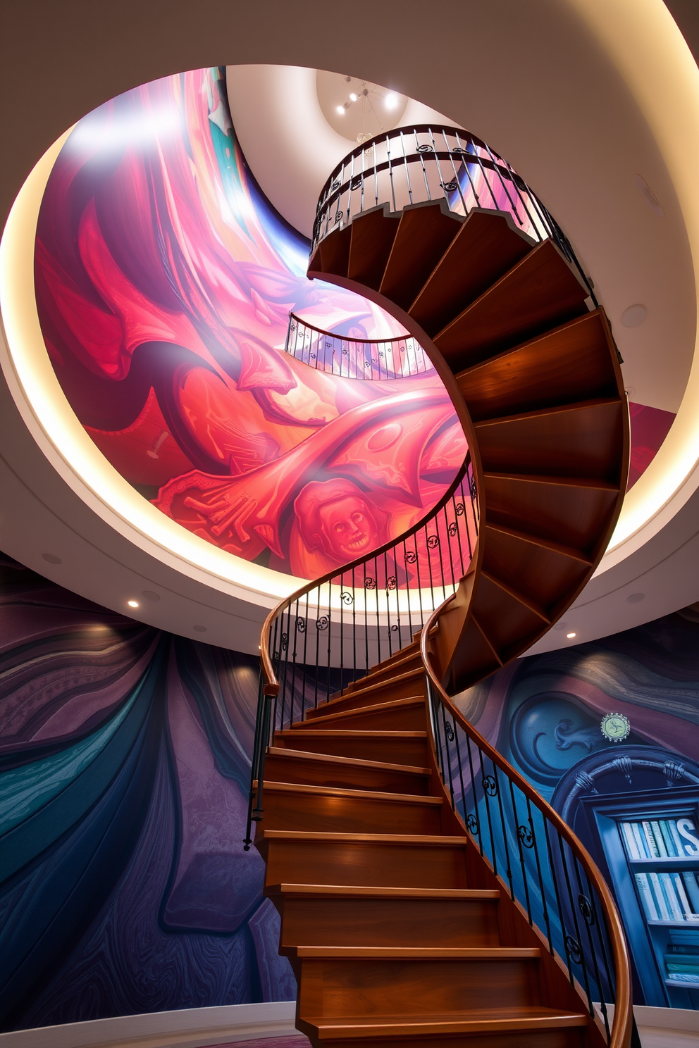 A stunning spiral staircase gracefully ascends, showcasing intricate woodwork and elegant metal railings. The backdrop features a vibrant artistic wall mural that adds a dynamic focal point to the space. The staircase design incorporates soft LED lighting that highlights its curves and enhances the overall ambiance. Rich colors and textures in the mural complement the staircase, creating a harmonious blend of art and architecture.